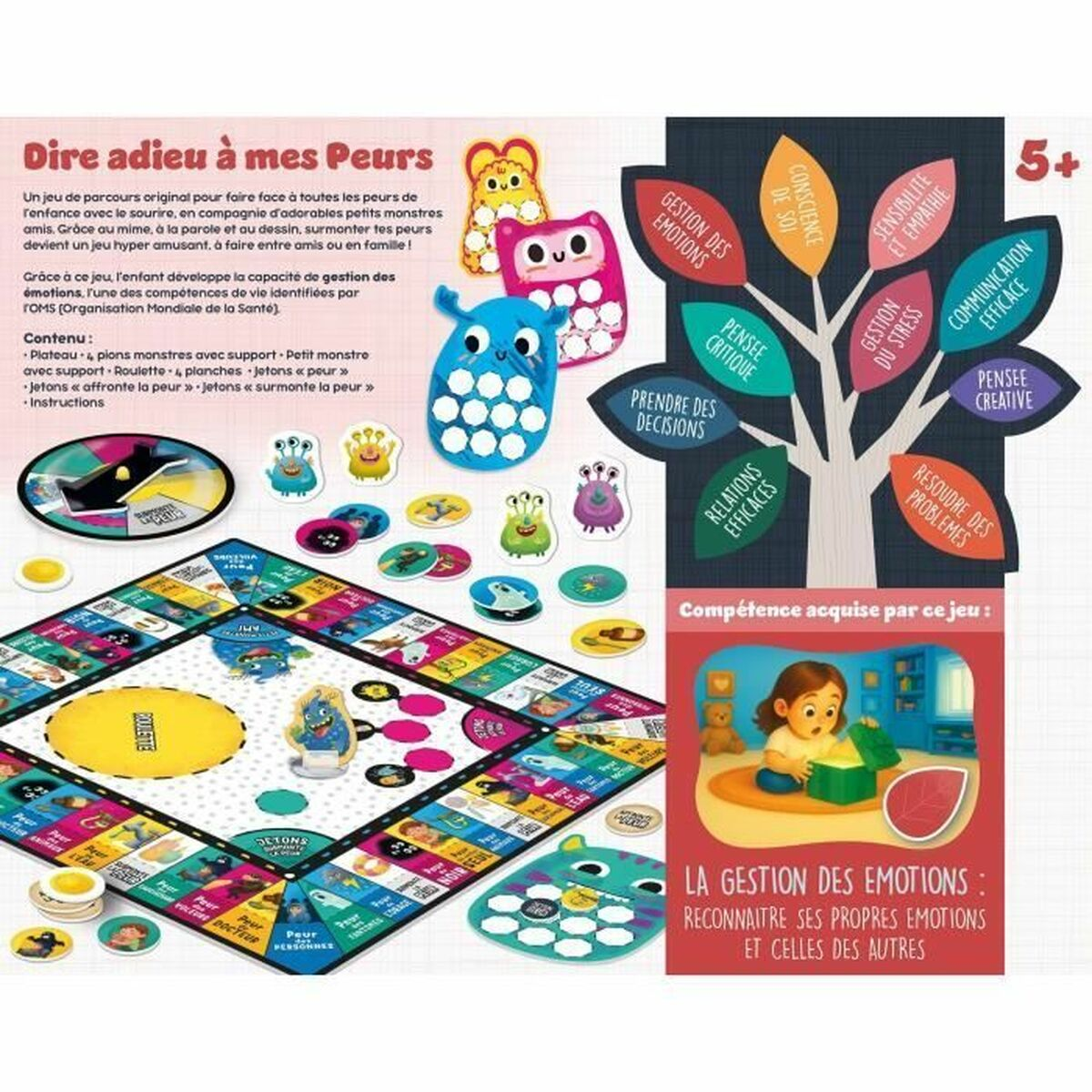Gioco da tavolo con mostri ed elementi colorati. Testo in francese. Si concentra sulla gestione delle emozioni e sulla superazione delle paure.