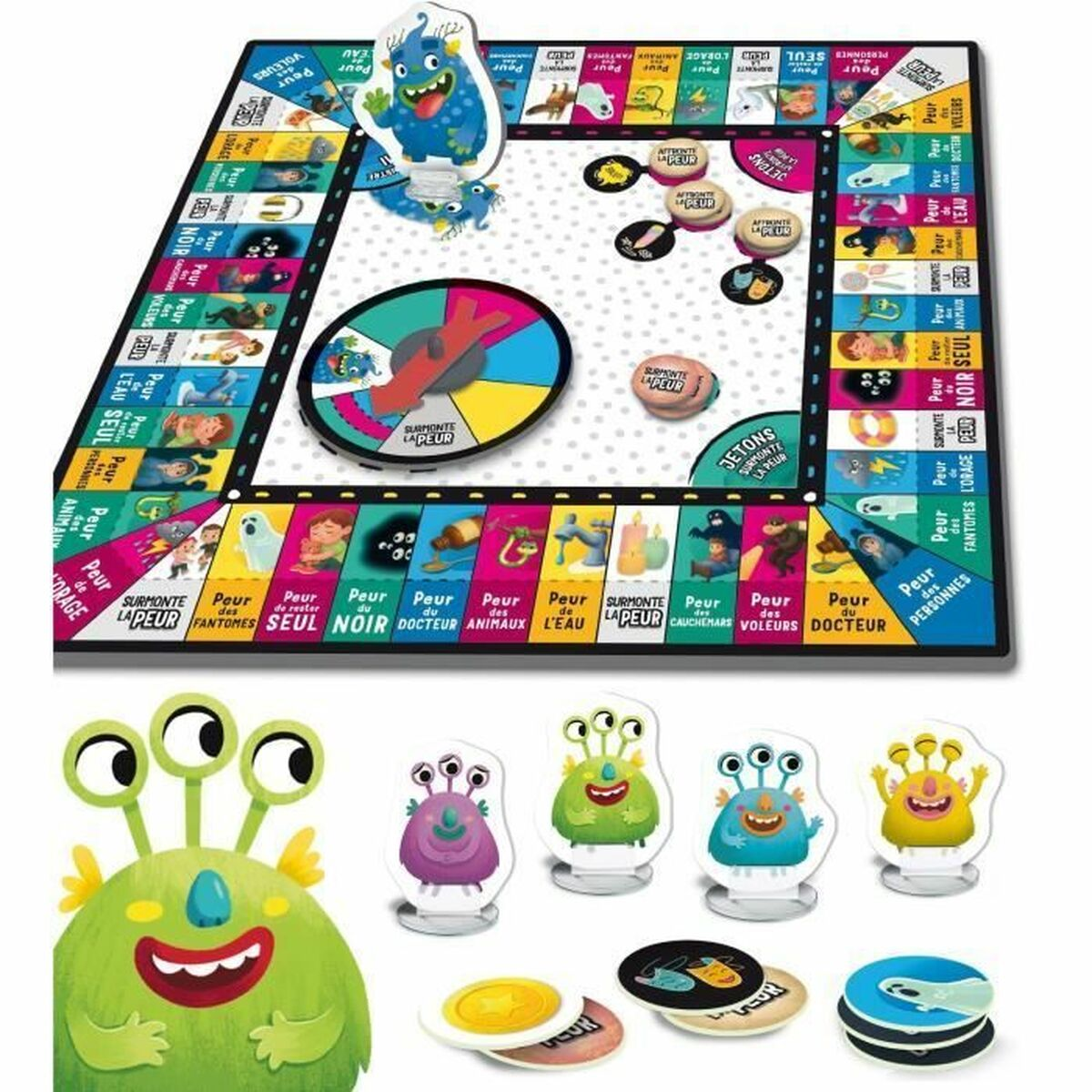 Gioco da tavolo con figure di mostri, una trottola e caselle a tema paura. Include gettoni e personaggi mostruosi.