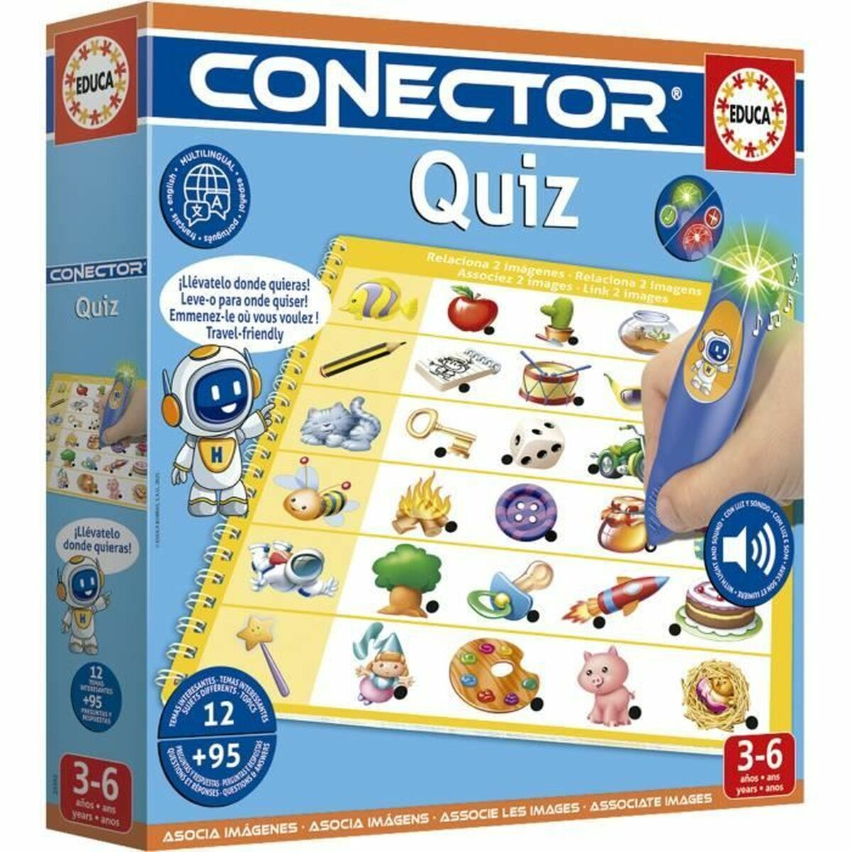 Una scatola 'Conector Quiz' mostra immagini di oggetti, una penna con luce e suono e testo in più lingue.