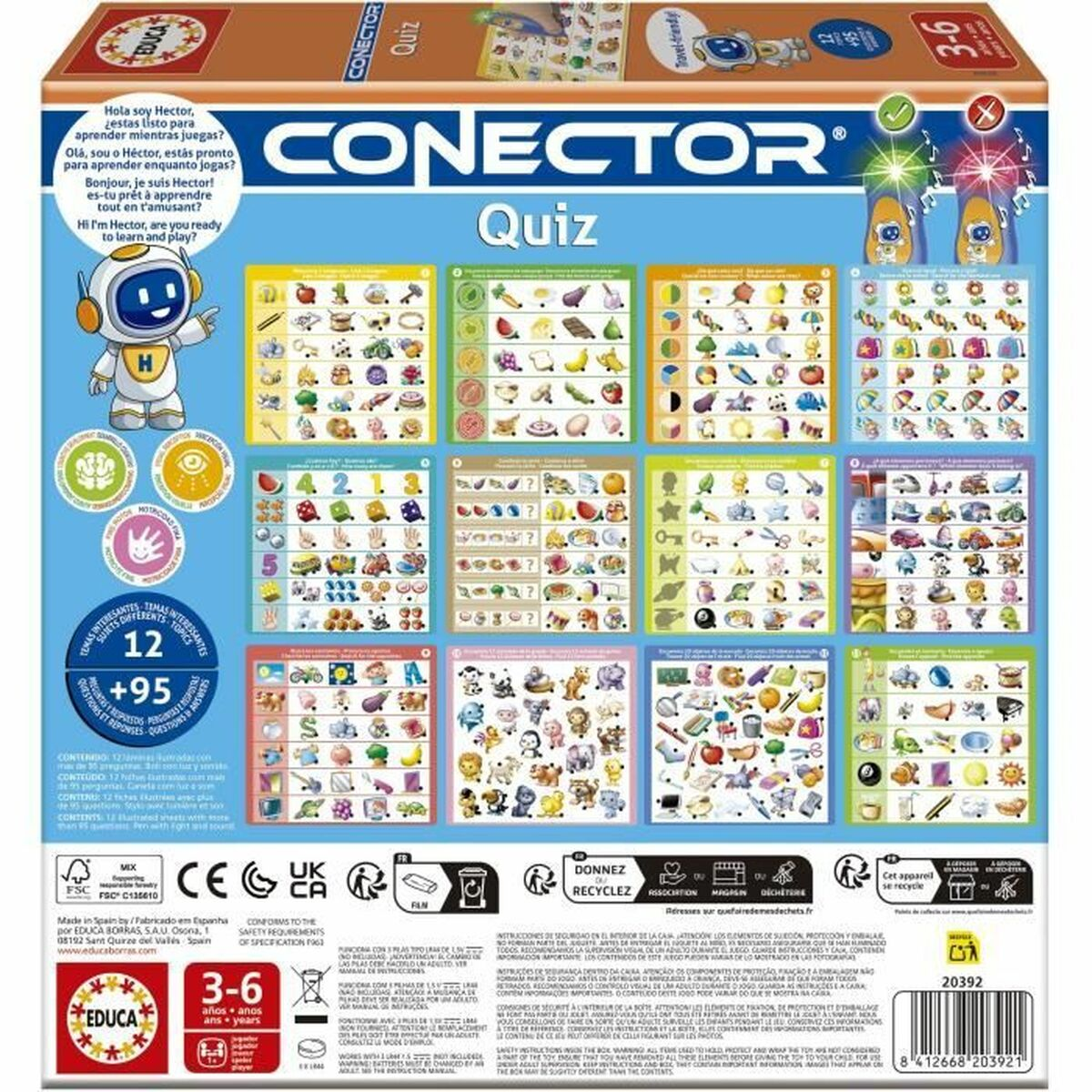 Scatola di un gioco a quiz. Presenta illustrazioni colorate di oggetti, animali e domande.