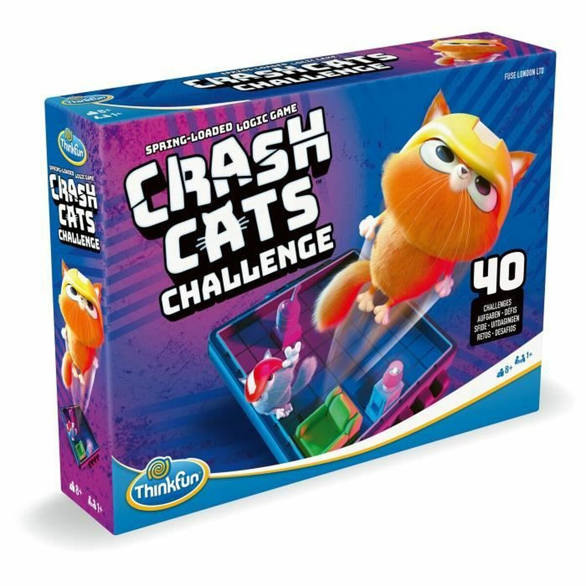 Una scatola di gioco con un gatto dei cartoni animati con un casco. Titolo: 'Crash Cats Challenge'. Presenta un puzzle con gatto e ostacoli.