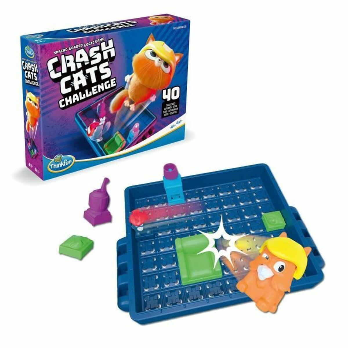 Un gioco Crash Cats Challenge. La scatola mostra un gatto. Un tabellone blu ha figure di gatti e pezzi di gioco viola, verdi e rossi.