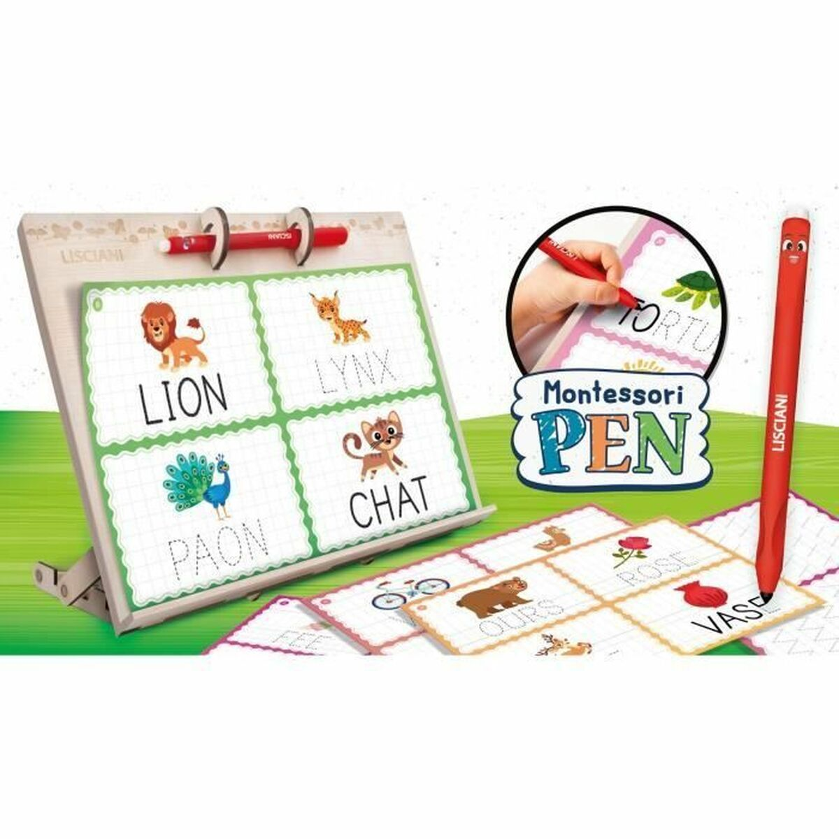Un set didattico per bambini. Include una lavagna con schede di animali, una penna e schede aggiuntive con immagini e parole.