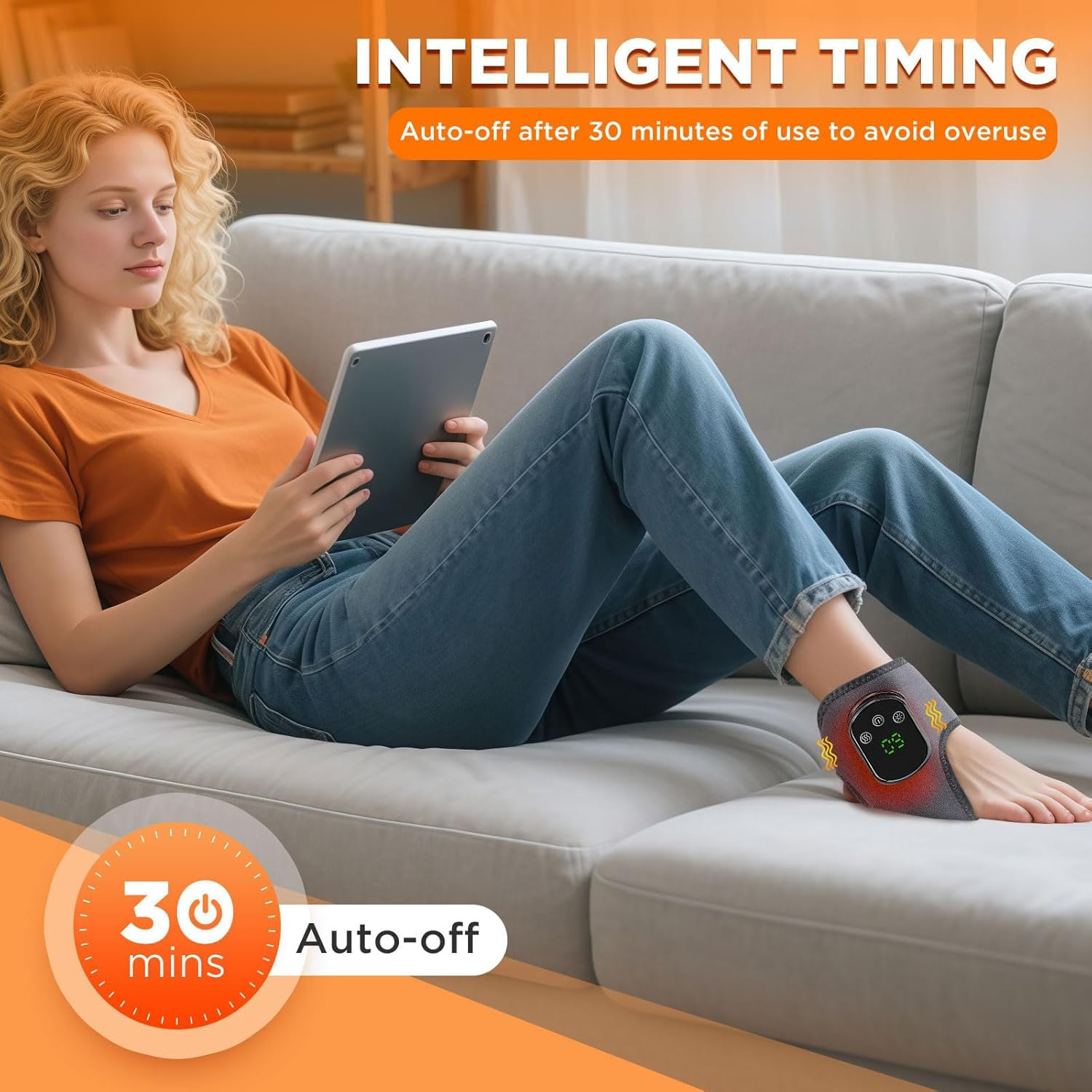 Frau auf Couch mit Fußwärmer, benutzt Tablet. Text: Intelligentes Timing, Automatisches Abschalten nach 30 Minuten.