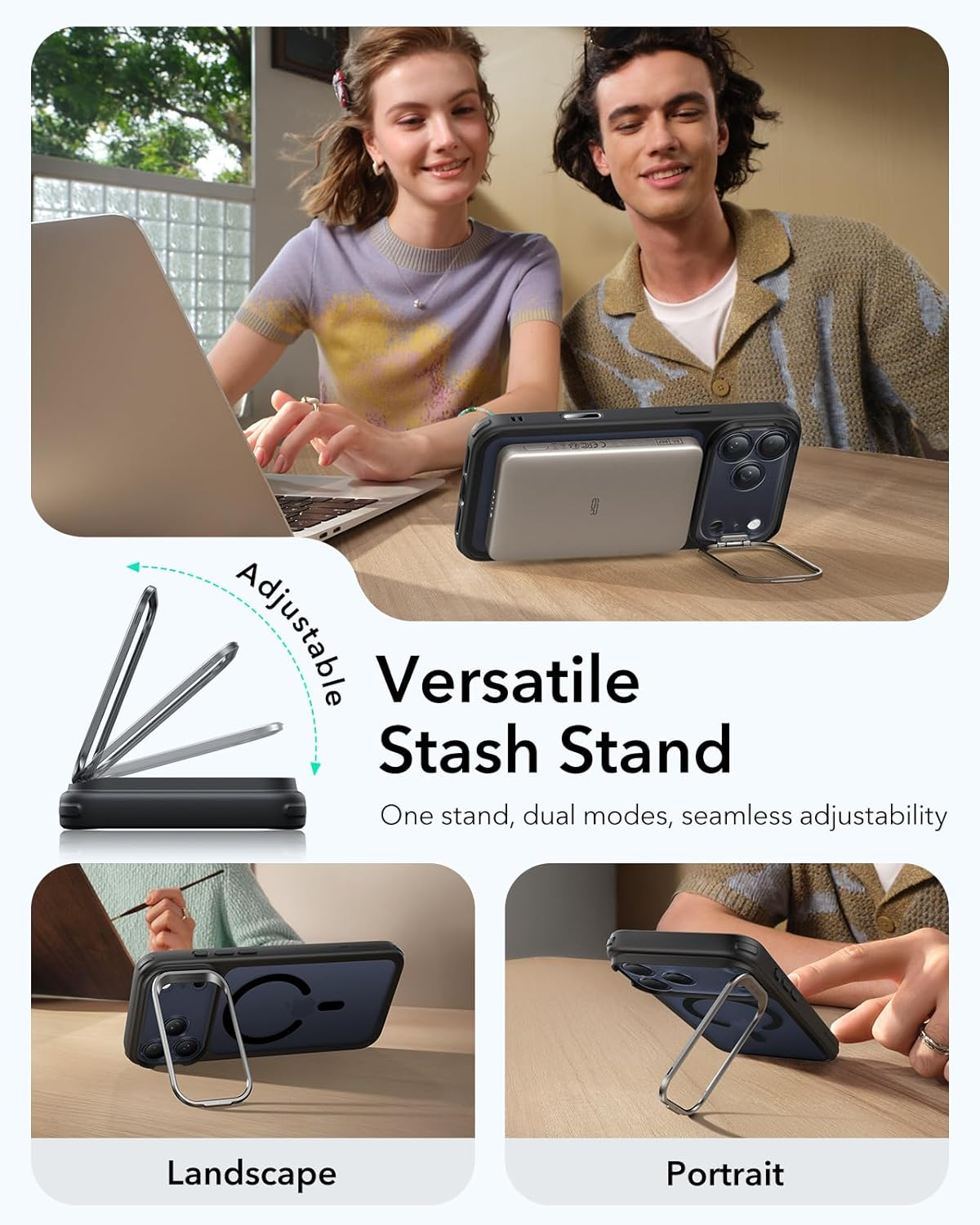 Das Bild zeigt ein Paar mit Laptop und Telefonständer. Der Ständer wird in verschiedenen Winkeln gezeigt, um seine Verstellbarkeit hervorzuheben.