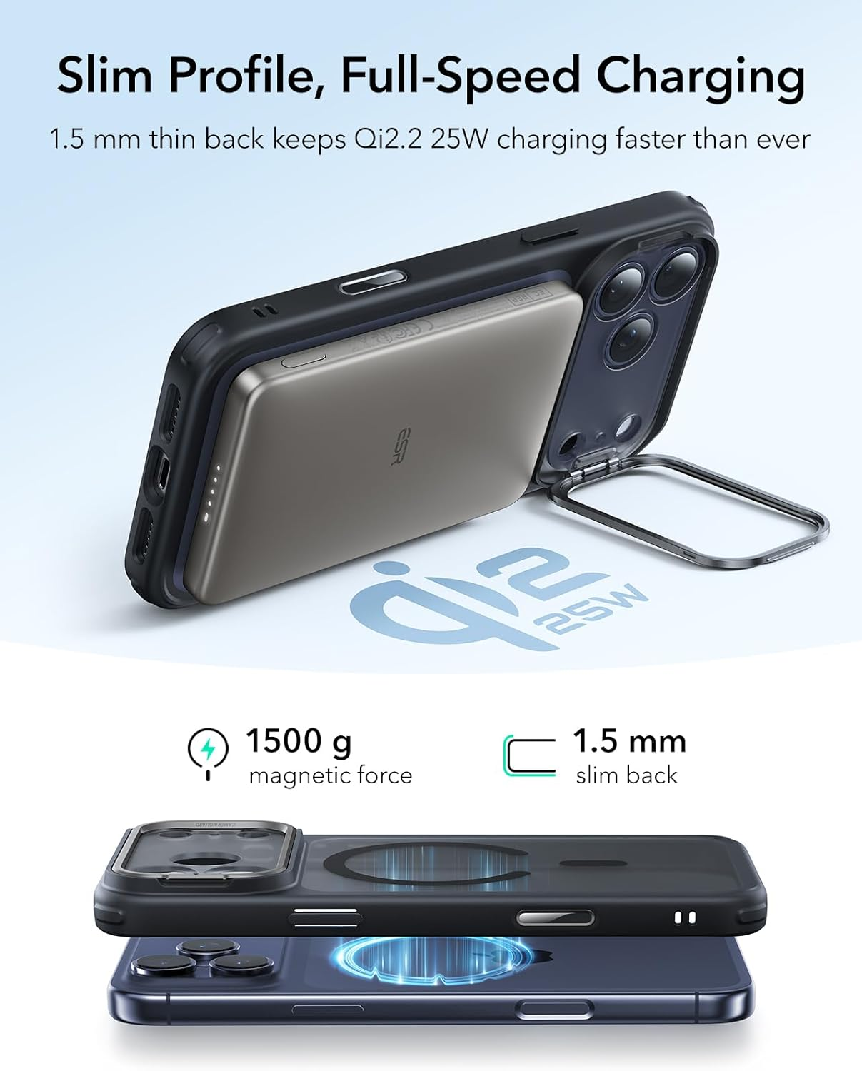 Ein Telefon mit angeschlossenem magnetischem Ladegerät, das schnelles Laden zeigt. Text hebt schlankes Profil und Magnetkraft hervor.