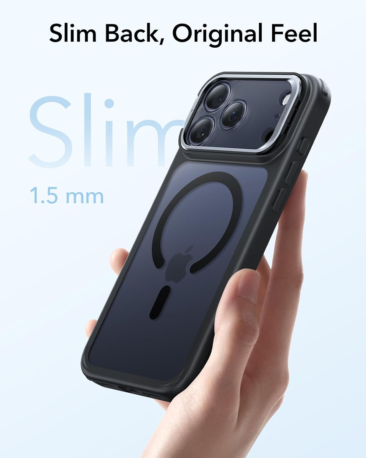 Eine Hand hält eine schwarze Handyhülle mit transparentem Rücken, das Telefon mit Apple-Logo. Text: Schlanker Rücken, Originalgefühl, Schlank 1,5 mm.