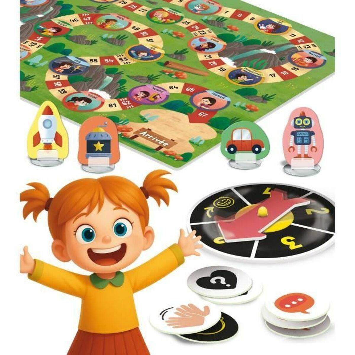 Una ragazza sorride vicino a un gioco da tavolo con gettoni e una trottola. Il gioco ha un percorso e pedine colorate.