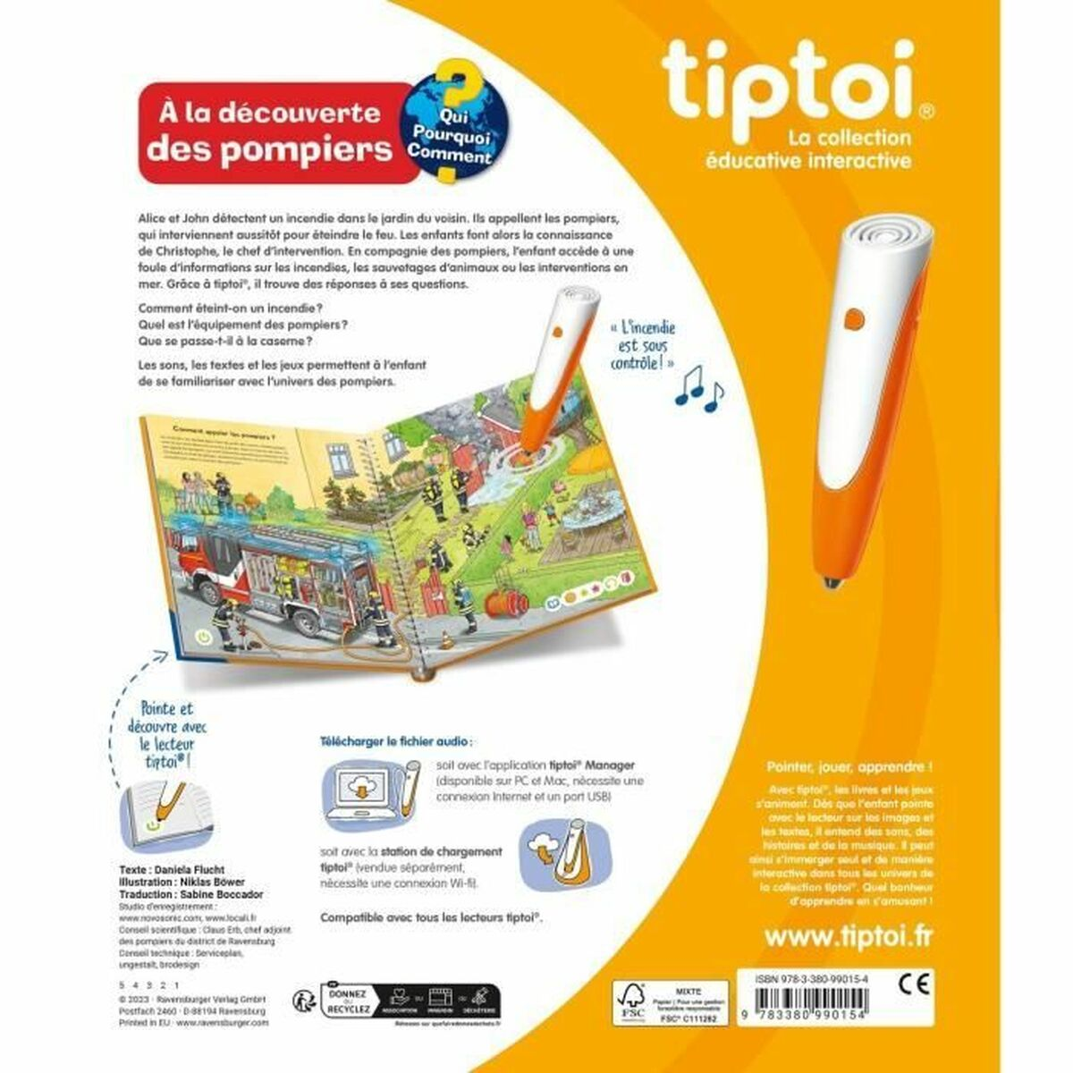 Copertina del libro sui vigili del fuoco. Mostra un'autopompa, un pompiere e una penna interattiva.