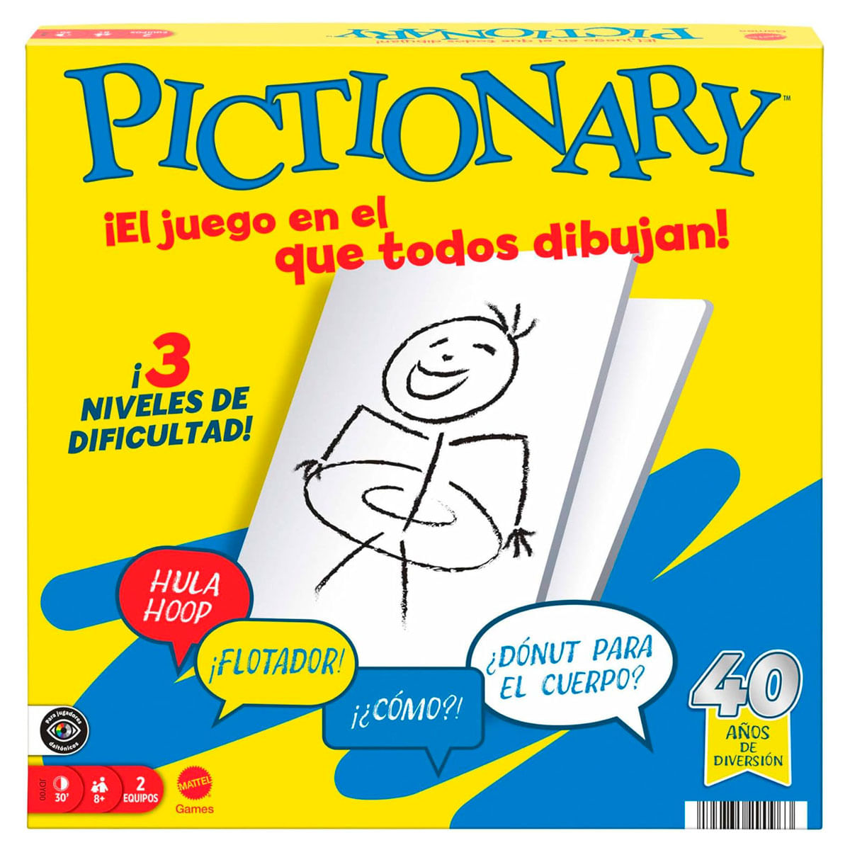 Caja de Pictionary con fondo amarillo y texto azul. Tiene un dibujo de una persona haciendo un hula hoop. El texto incluye 'Hula Hoop' y '40 años de diversión'.