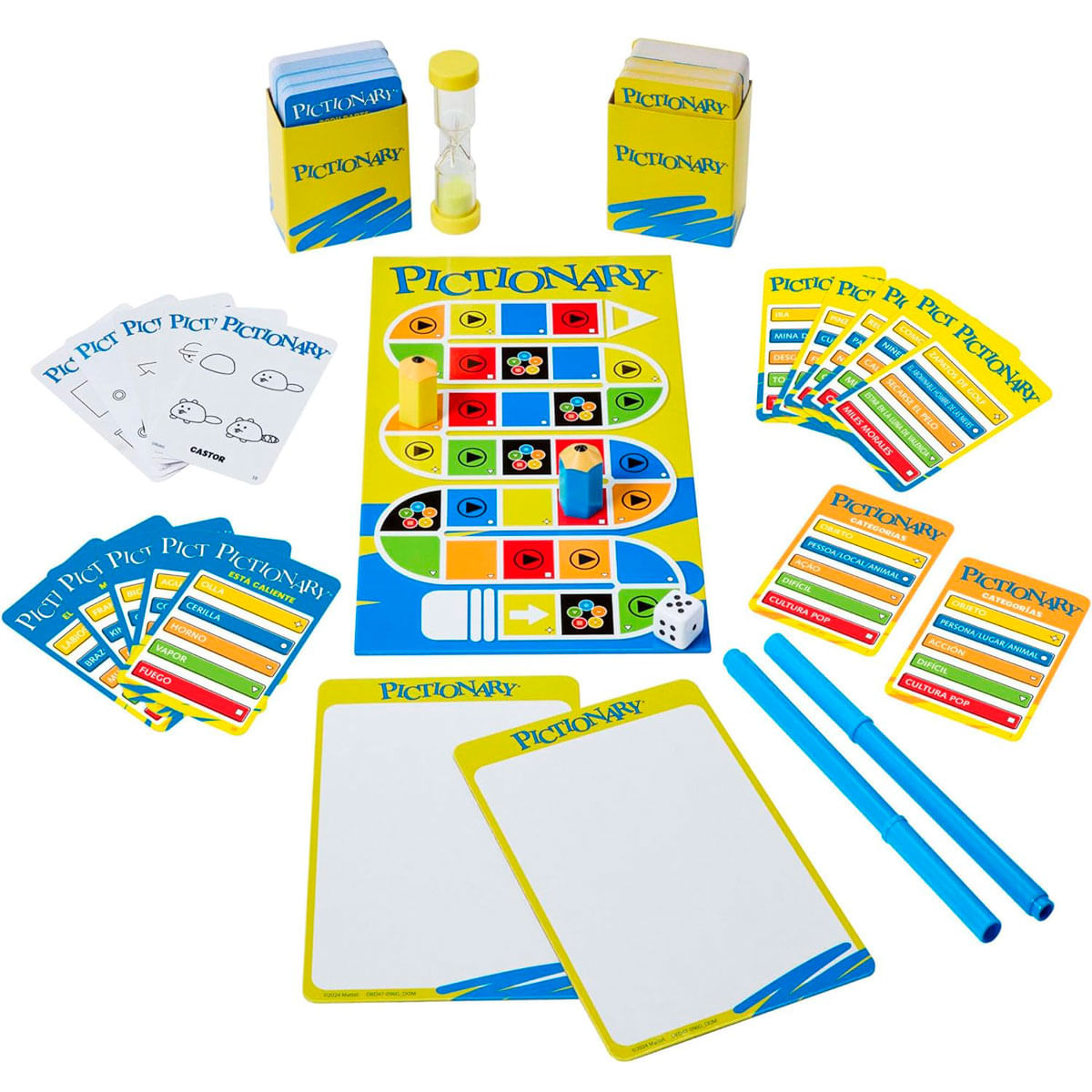 Juego de Pictionary: tablero, cartas, lápices, temporizador y dados. Varios colores: amarillo, azul, verde, rojo. Texto en cartas.