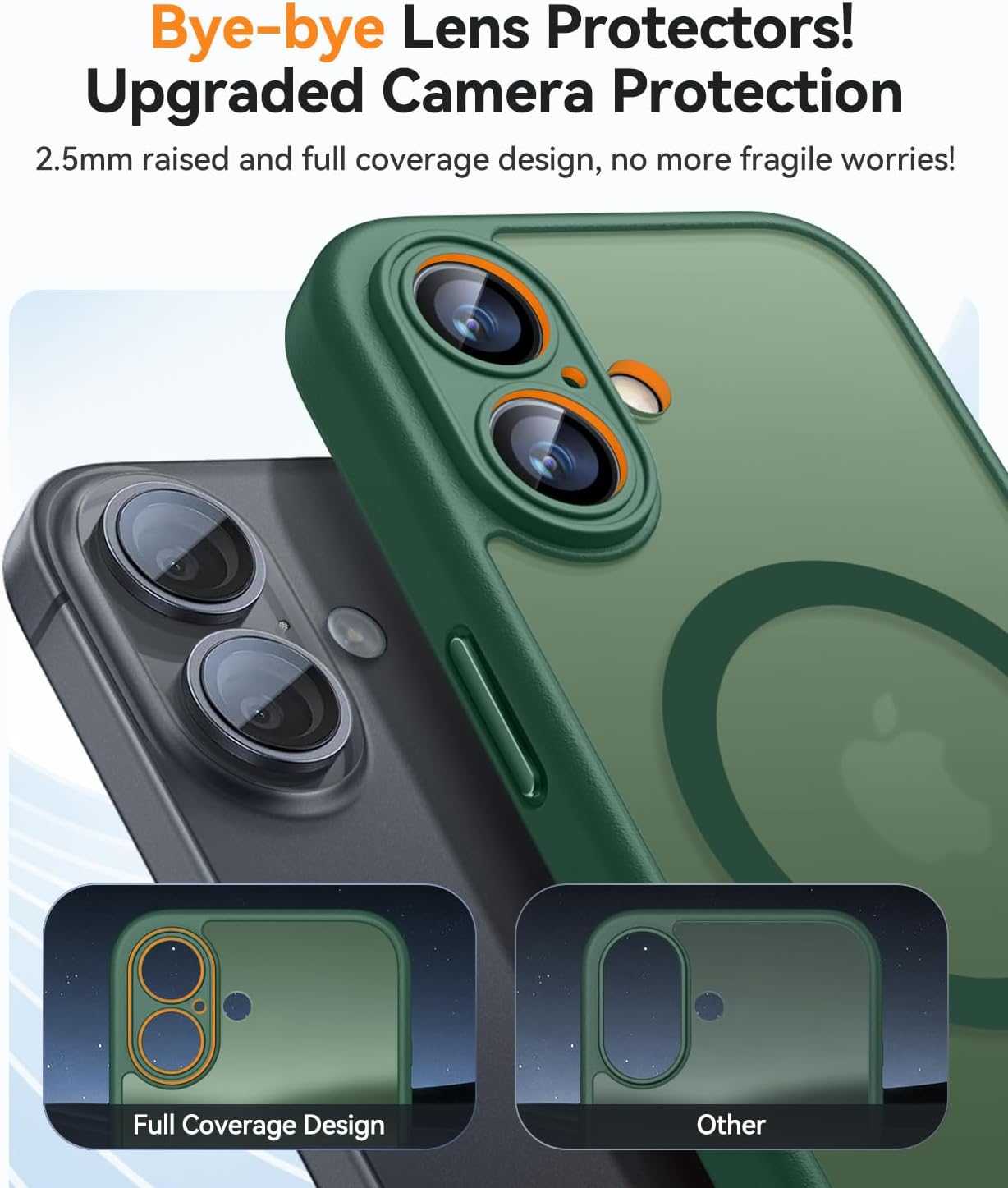 Grüne und schwarze Handyhüllen mit Kameraschutz. Text: 'Bye-bye Lens Protectors! Upgraded Camera Protection'.
