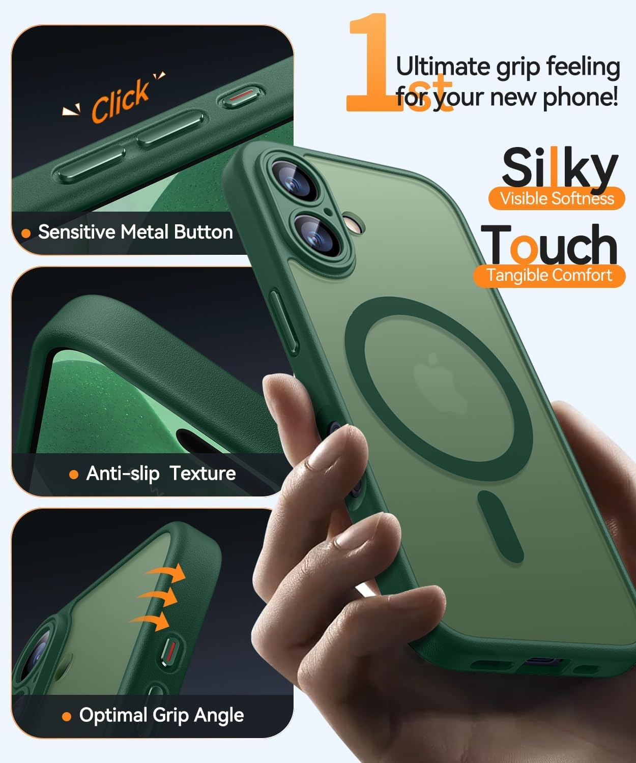 Eine Hand, die eine grüne Handyhülle hält. Text hebt Funktionen wie 'Silky Touch' und 'Anti-Rutsch-Textur' hervor. Detaillierte Nahaufnahmen.