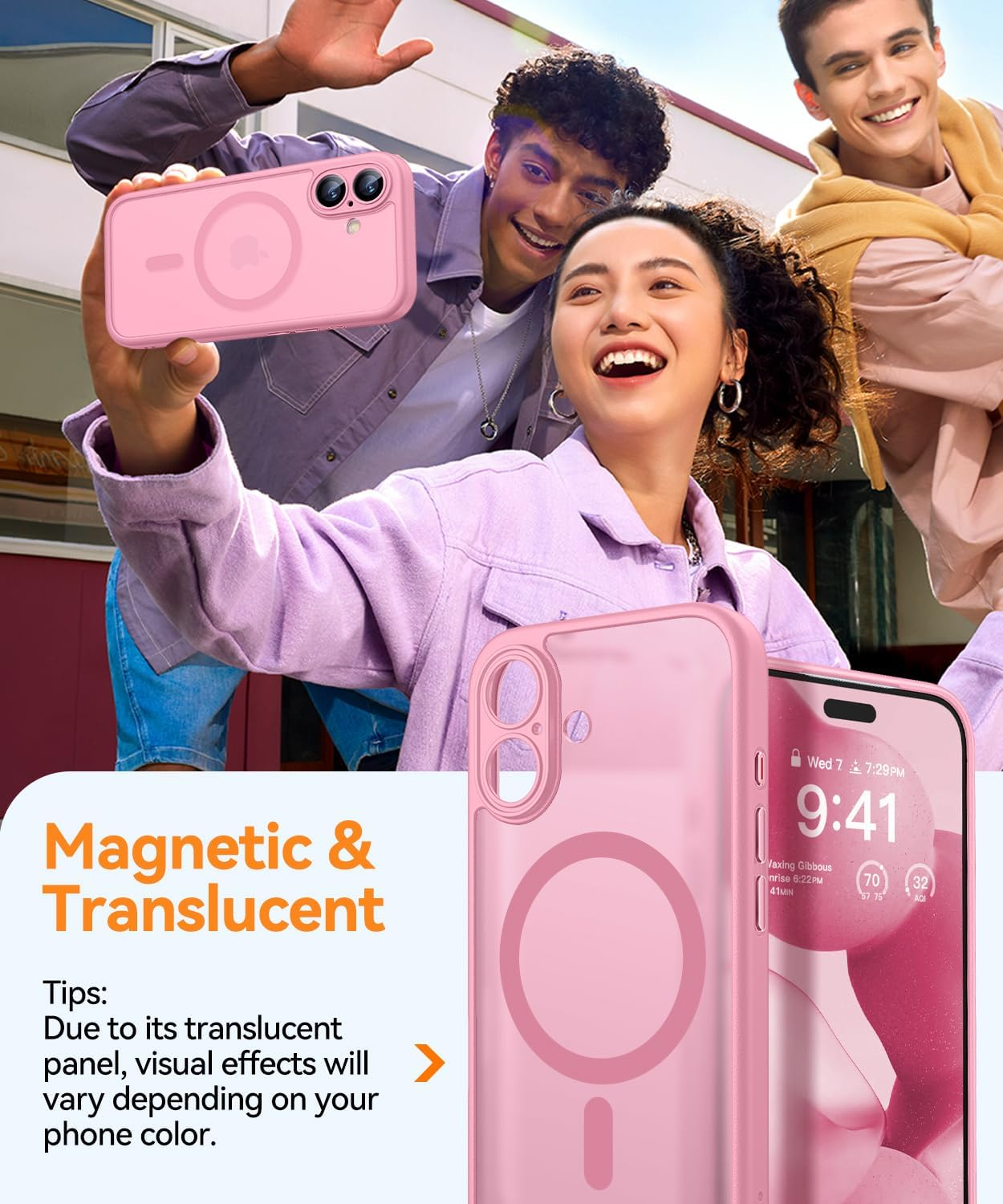 Drei junge Leute halten Handyhüllen. Vor einem Telefon, das die Uhrzeit anzeigt, wird eine rosa Handyhülle gezeigt. Der Text lautet 'Magnetisch & Transparent'.