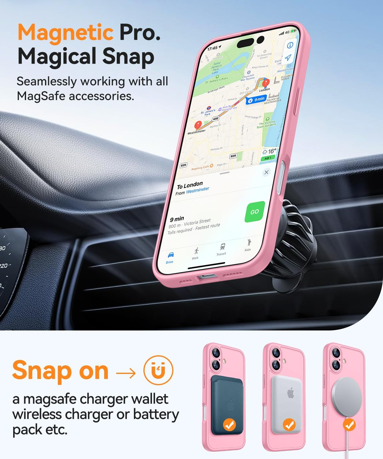 Rosa Handyhülle mit Karten-App im Auto. Wirbt für MagSafe-Zubehör.