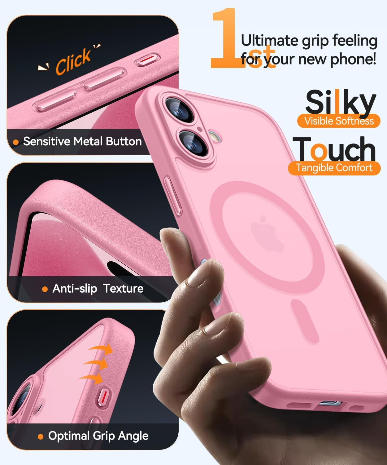 Eine Person hält eine rosa Handyhülle. Die Hülle ist transparent und hat einen Metallknopf, eine rutschfeste Textur und einen optimalen Griffwinkel.