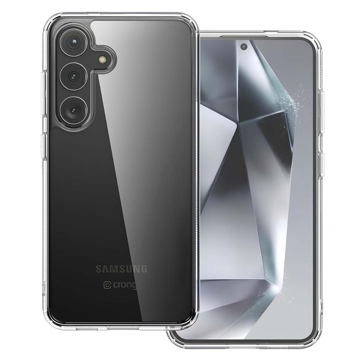 Una custodia trasparente per telefono accanto a un telefono con un design geometrico sullo schermo. La custodia è per un telefono Samsung.