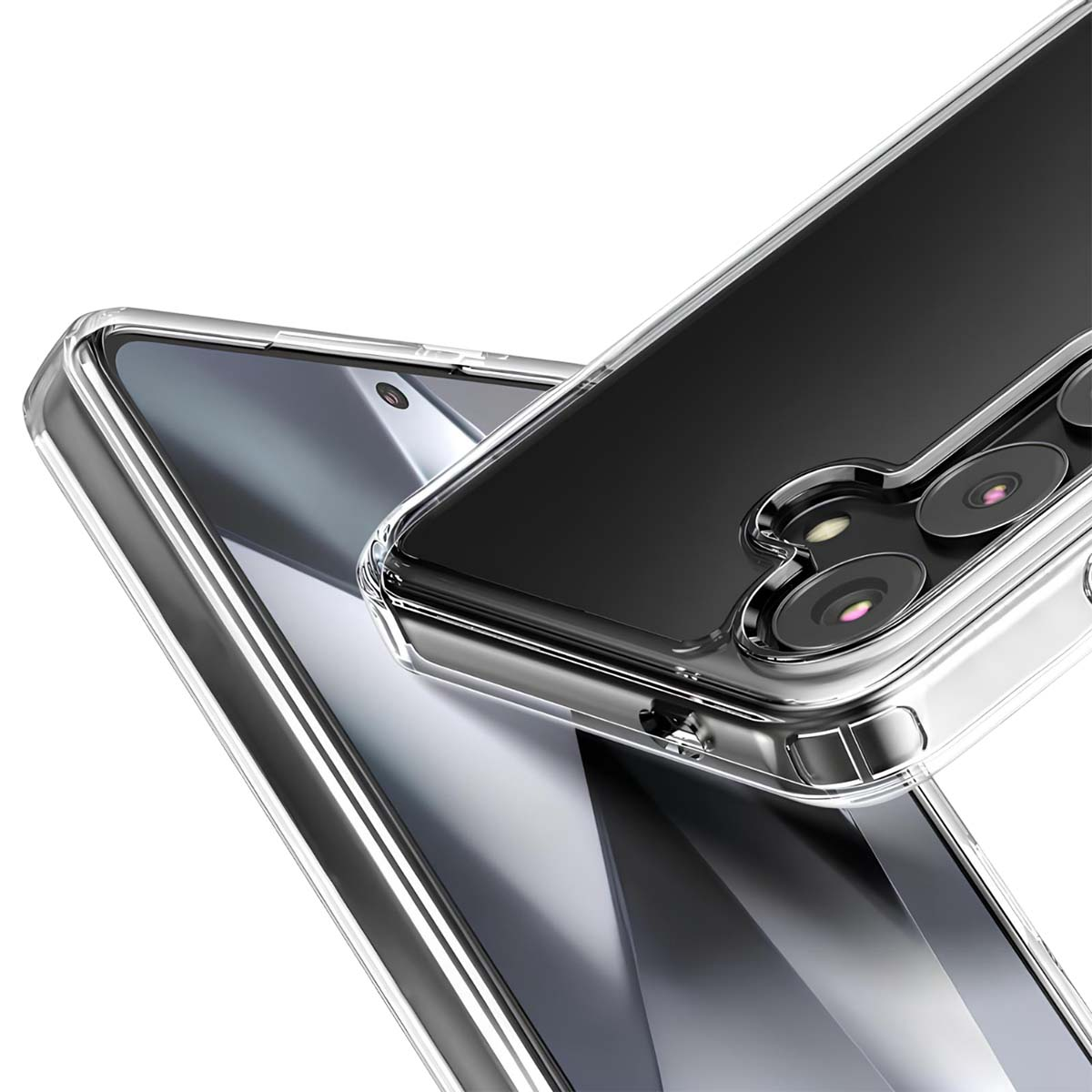 Primo piano di due custodie trasparenti per telefono. Una sopra l'altra. La custodia inferiore ha uno schermo. Quella superiore ha le fotocamere.