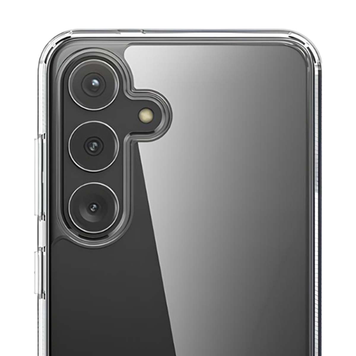Primo piano di una custodia per telefono. Ha una parte posteriore trasparente e un modulo fotocamera con tre lenti. La custodia è delineata in plastica trasparente.