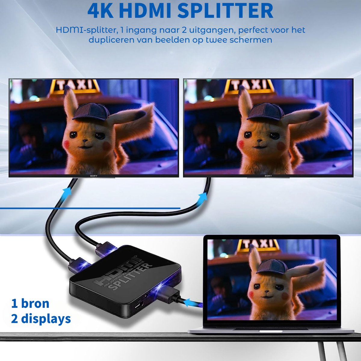 HDMI splitter showing Pikachu on screens. The splitter connects one source to two displays. Text says '4K HDMI SPLITTER'.