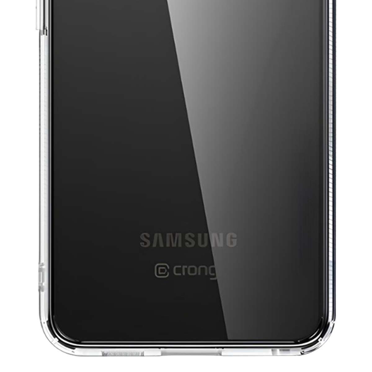 Primo piano di una custodia per telefono. Il telefono è nero con i loghi Samsung e Crong. La custodia è trasparente.
