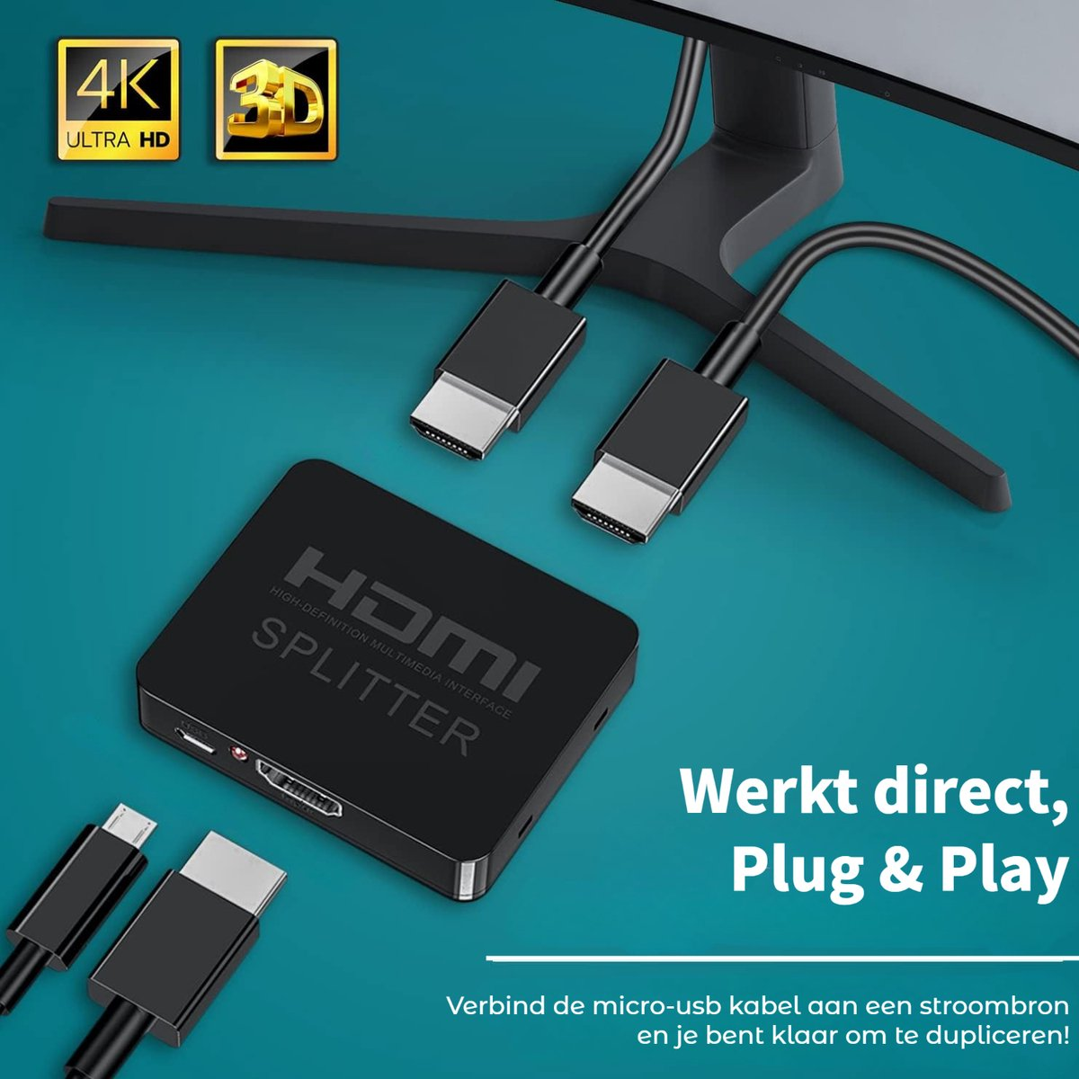 Black HDMI splitter with cables, 4K and 3D logos, text 'Werkt direct, Plug & Play'. Blue background, and a monitor.