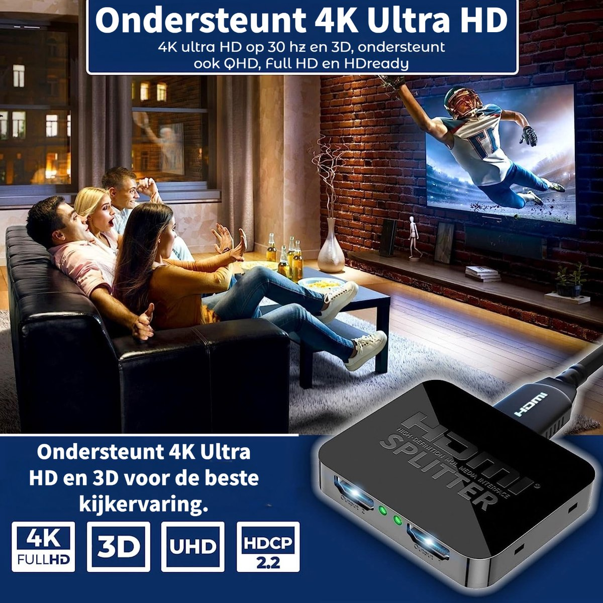 Four people watch a football game on TV. A black HDMI splitter is in the foreground. Text about 4K and 3D is also present.