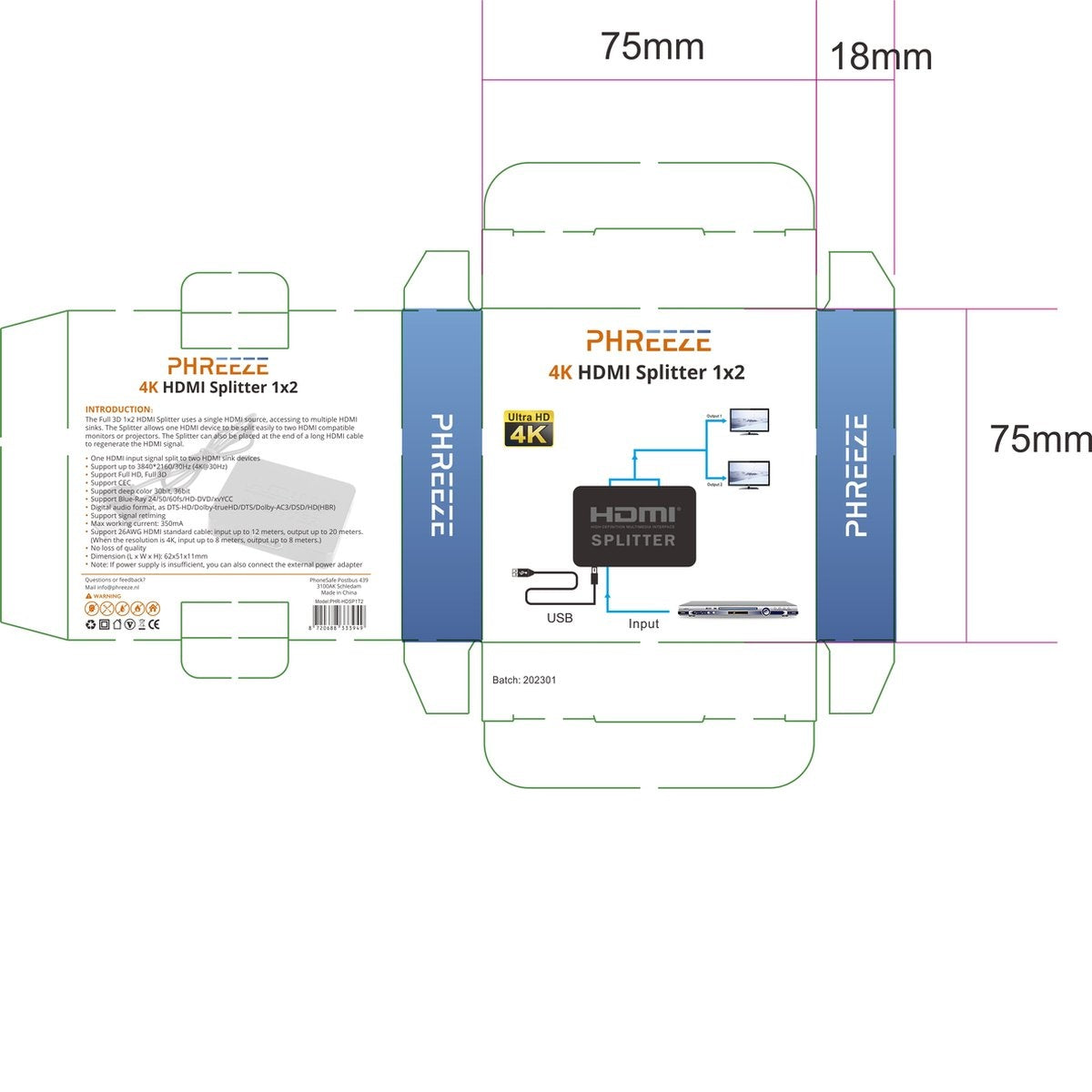 Box of a 4K HDMI splitter with text and diagrams. Shows input and output ports, and the product name.