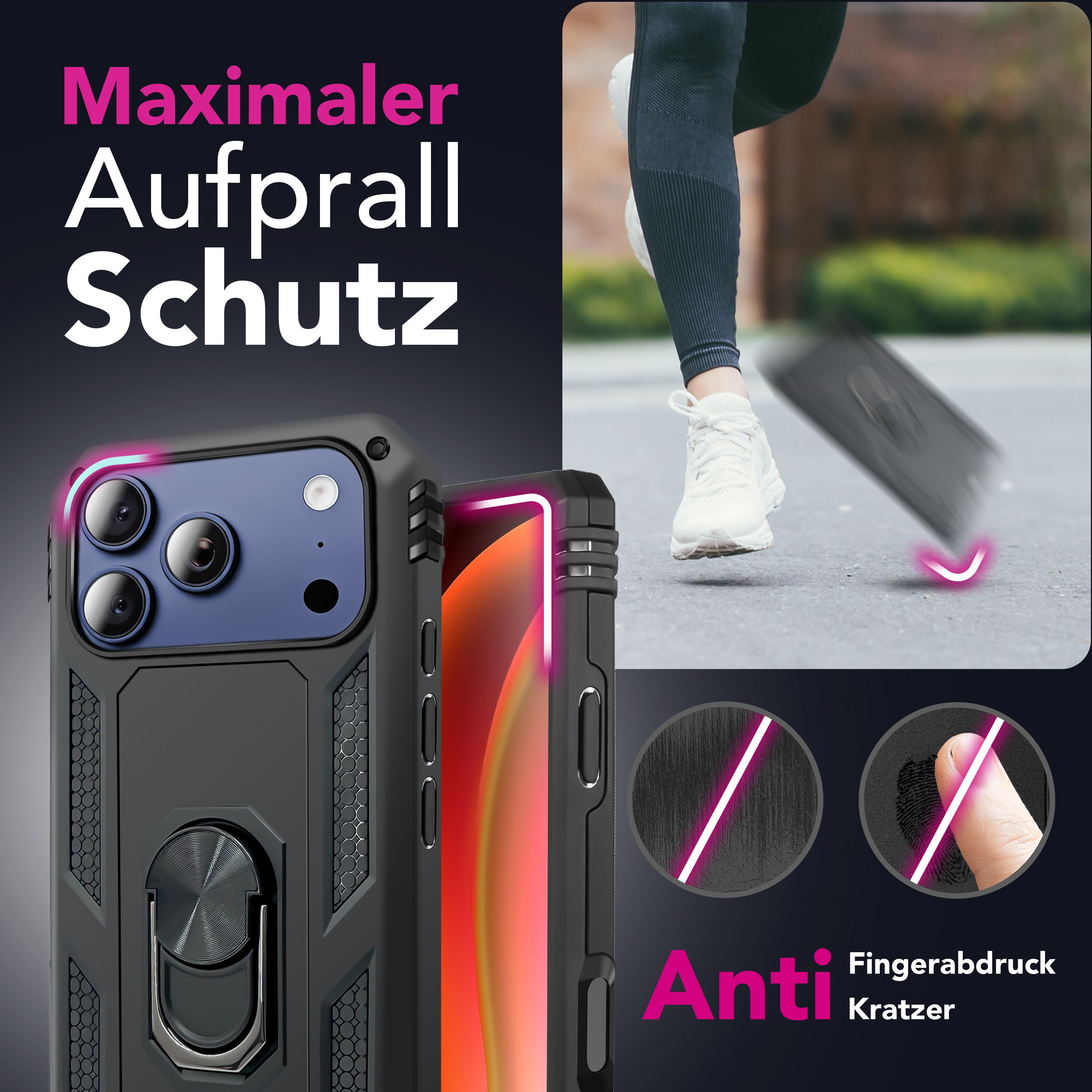 Handyhülle mit Aufprallschutz. Eine Person, die im Hintergrund rennt. Text 'Anti-Kratzer' und 'Fingerabdruck'.