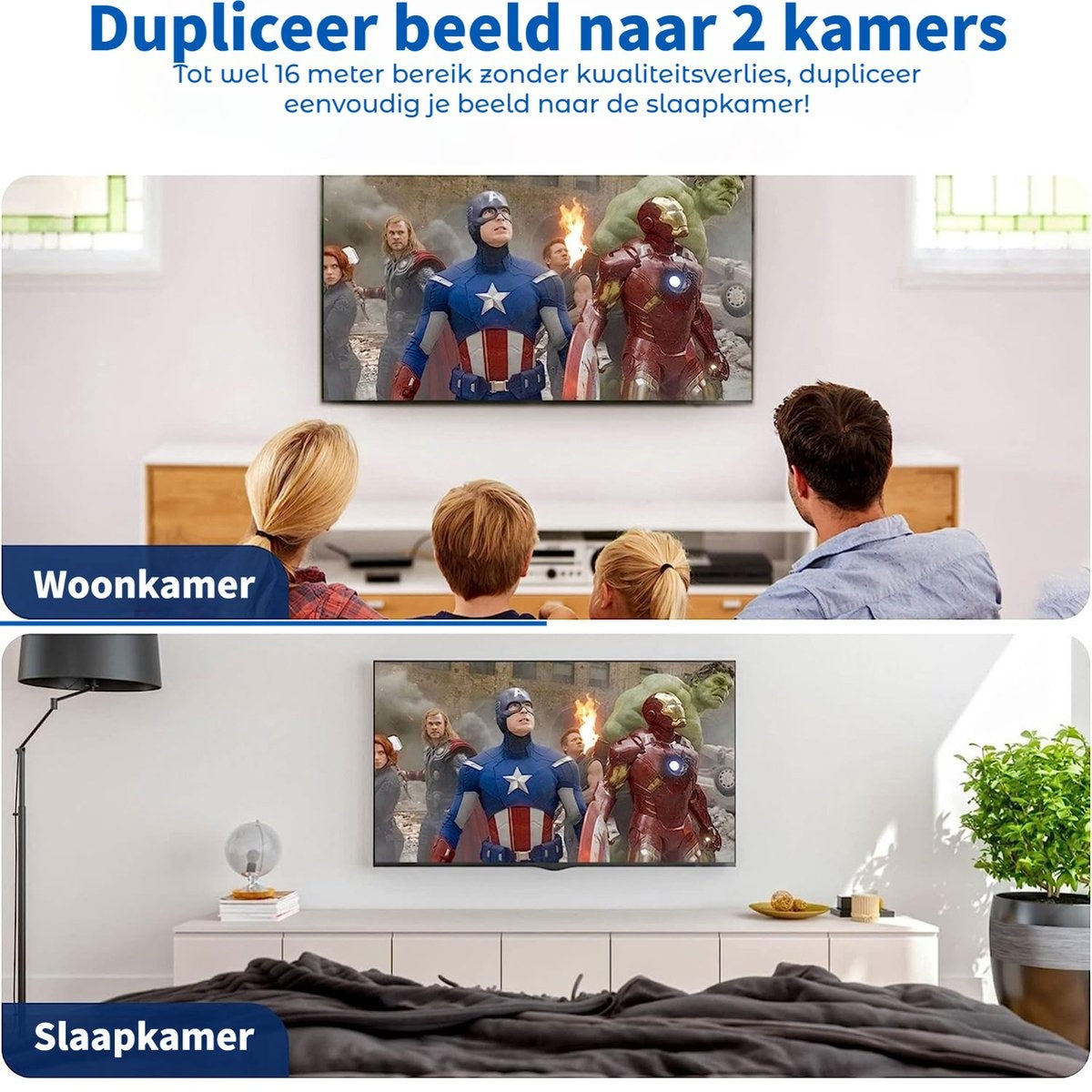 The image shows two rooms, living room and bedroom, each with a TV displaying Captain America and Iron Man from a movie.