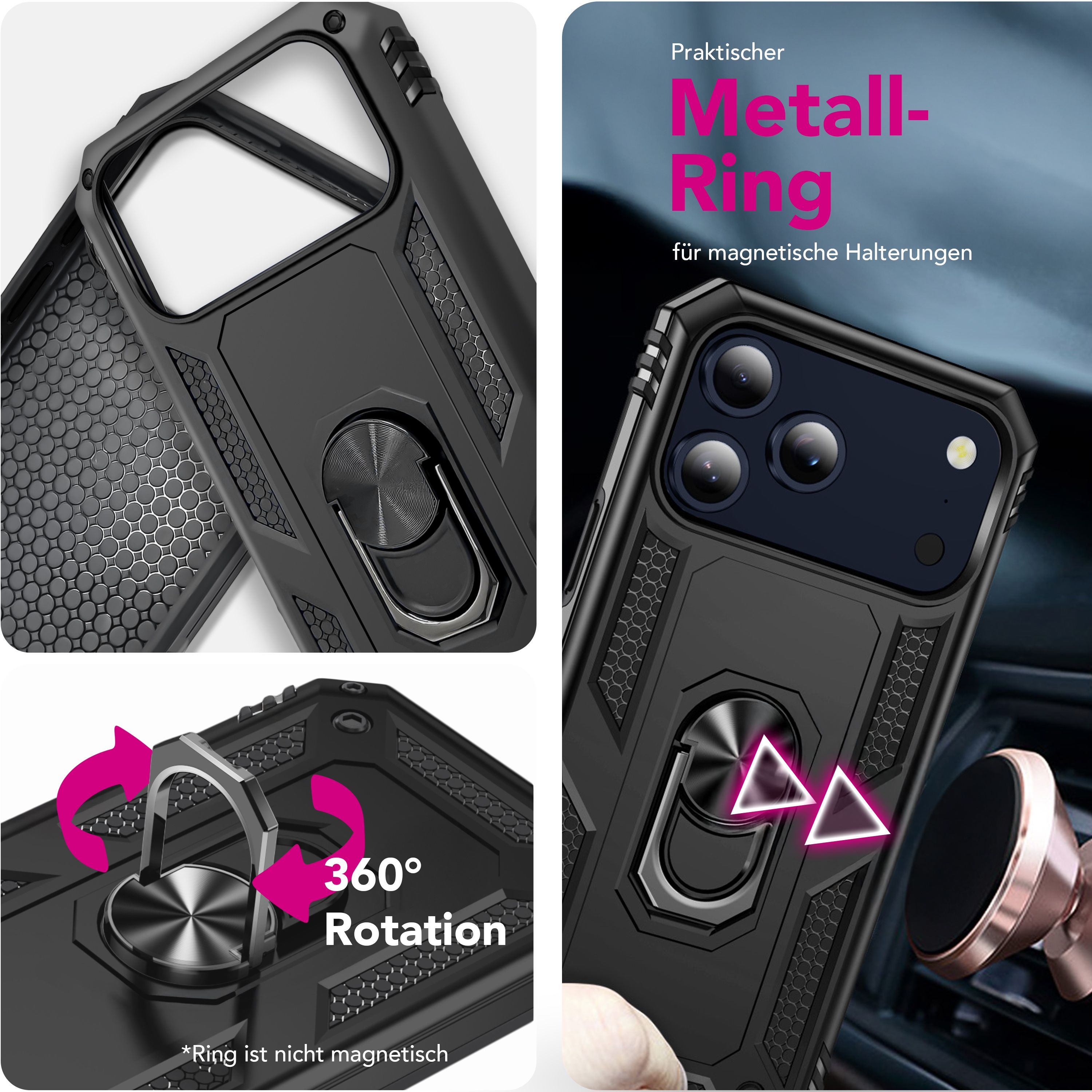 Schwarze Handyhülle mit Ring zur 360°-Drehung. Text: Praktischer Metall-Ring. Außerdem eine Autohalterung.