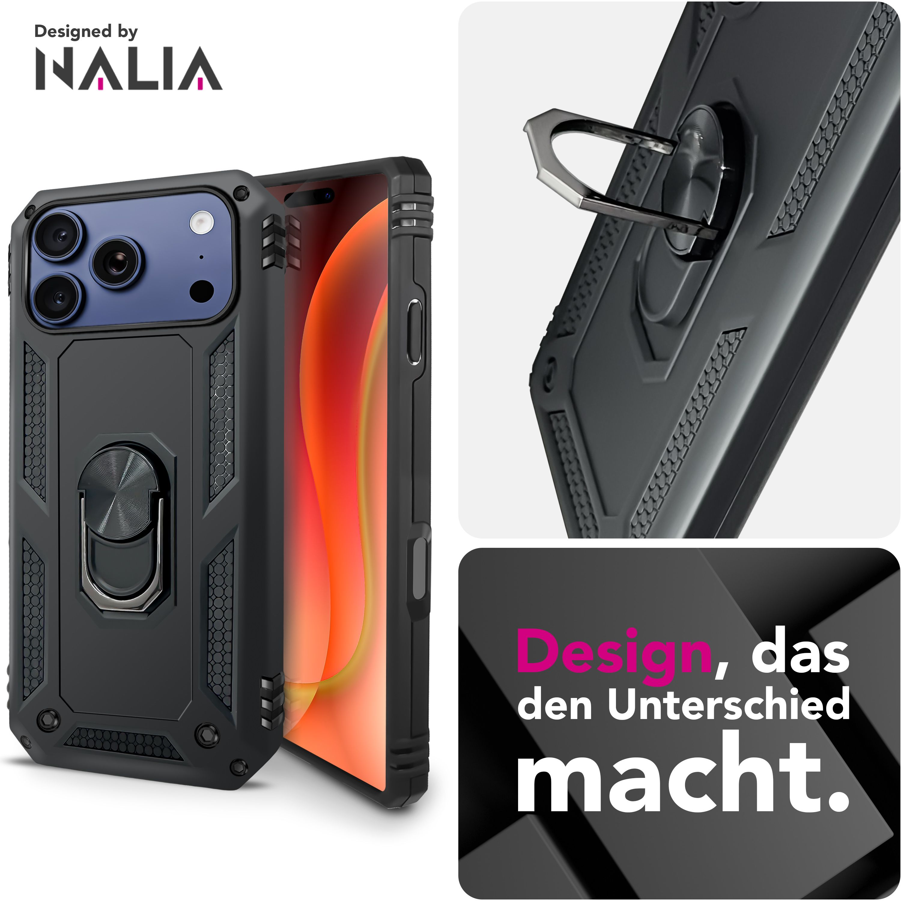Schwarze Handyhülle mit Ringhalter. Ein orangefarbener Bildschirm ist durch die Hülle sichtbar. Der Text lautet: 'Design, das den Unterschied macht.'