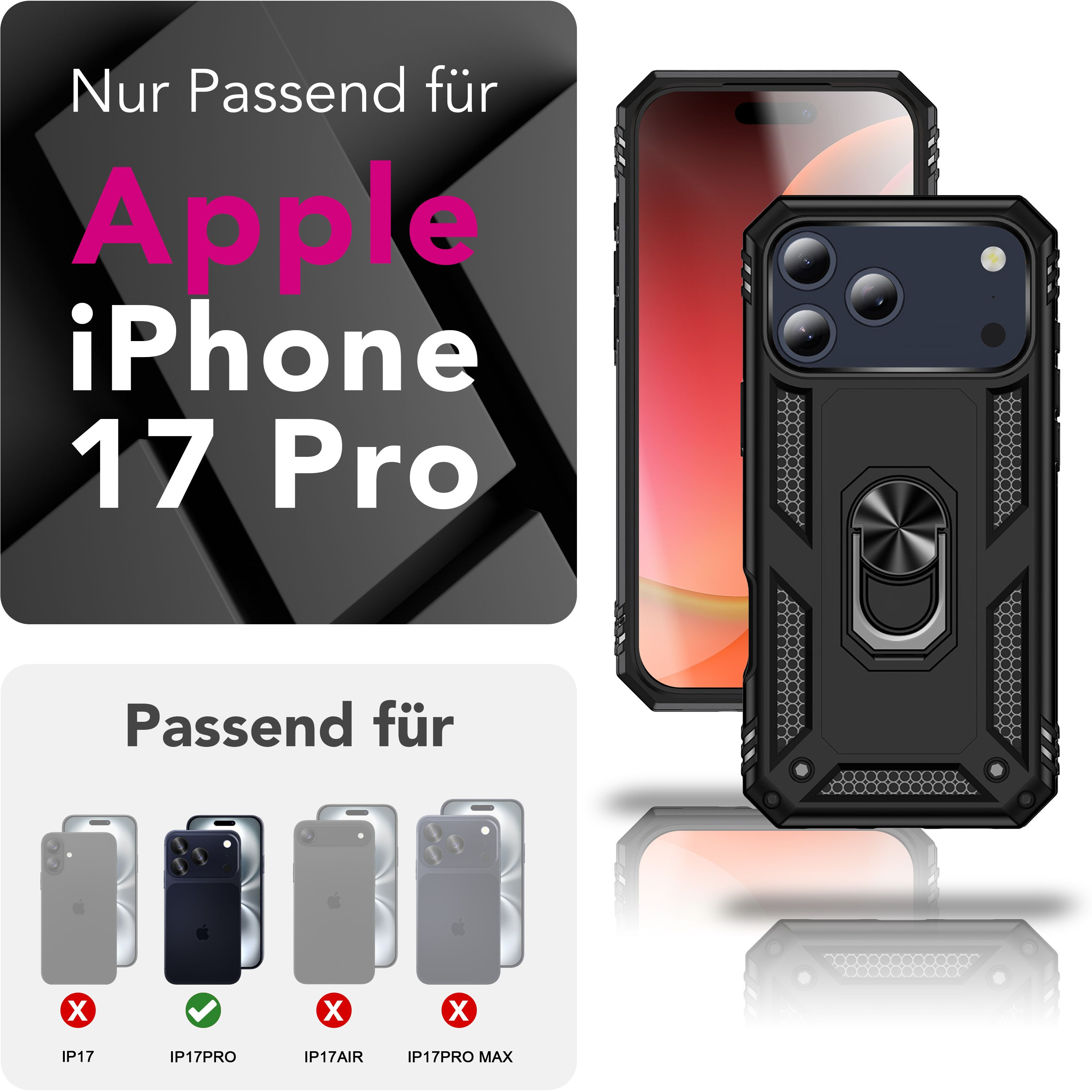 Gezeigt wird eine iPhone 17 Pro Hülle. Text weist auf die Kompatibilität hin. Hüllen für verschiedene Modelle werden gezeigt.