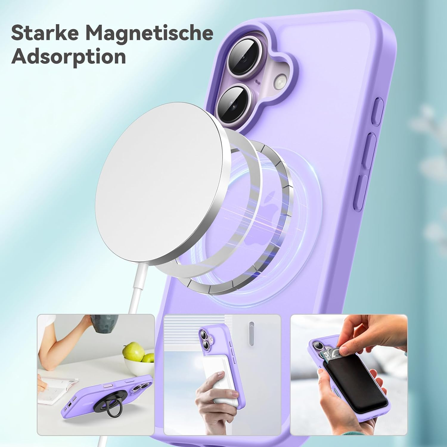 Lila Handyhülle mit magnetischem Ladepad. Kleine Bilder zeigen die Hülle im Einsatz, inkl. Ringhalter und Kartenfach.