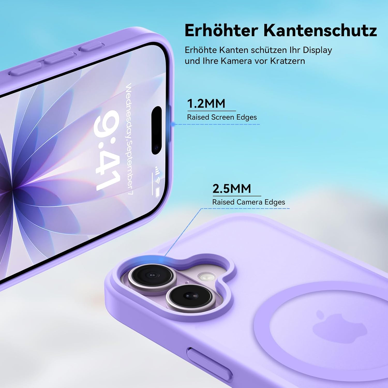 Eine lilafarbene Handyhülle mit einem Telefon darin. Die Hülle schützt Bildschirm und Kamera. Text sagt 'Erhöhte Screen Edges' und 'Erhöhte Kamera Edges'.