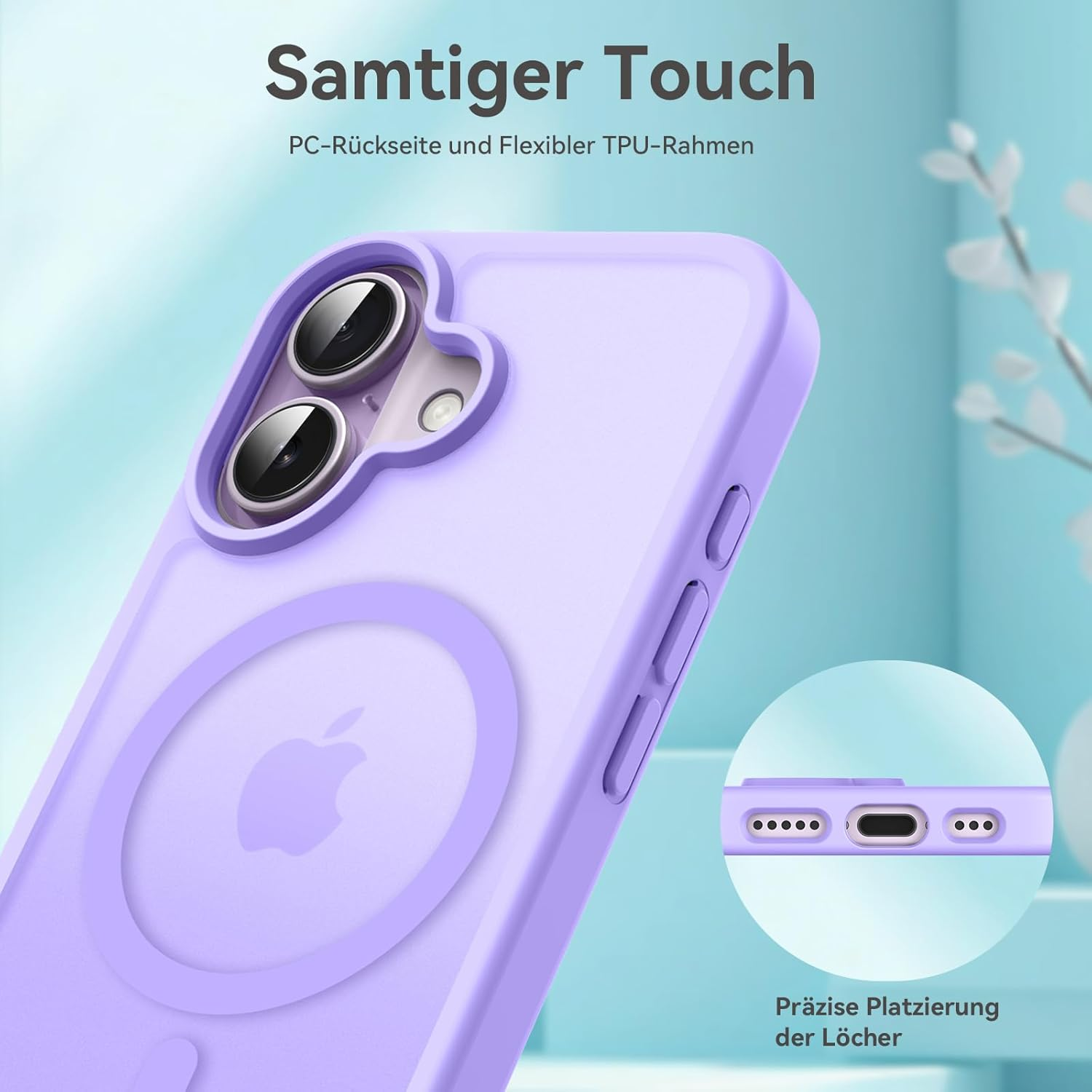 Eine lila Handyhülle mit Kameraausschnitten und einem Apple-Logo. Der Text lautet 'Samtiger Touch' und 'PC-Rückseite'.