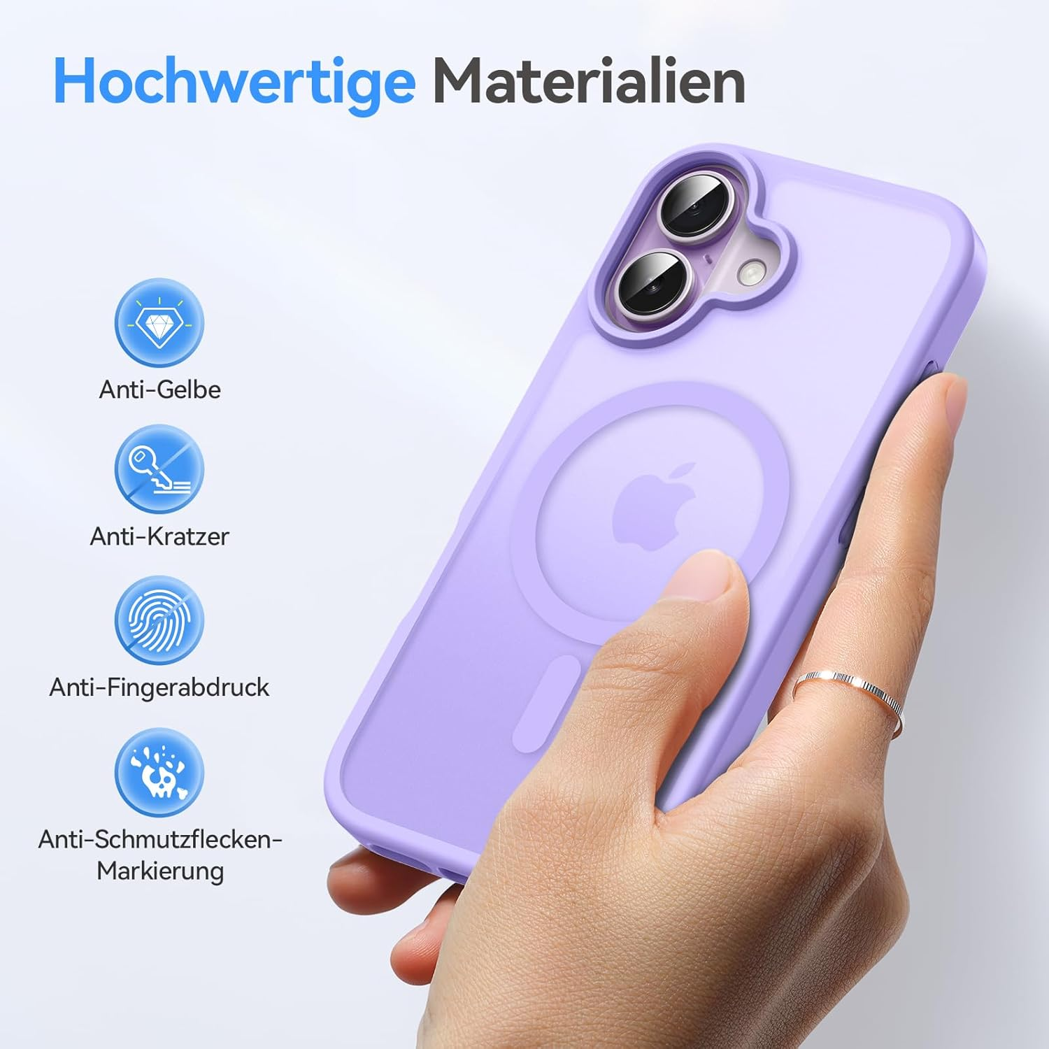 Eine Hand hält eine lila Handyhülle mit Ring. Die Hülle hat das Apple-Logo und ist mit Funktionen wie Anti-Vergilbung versehen.