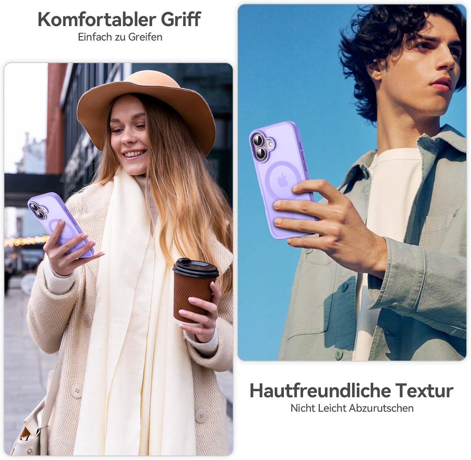 Eine Frau und ein Mann halten jeweils ein Telefon in einer lila Hülle. Frau trägt Mantel und Hut. Mann trägt Hemd. Beide vor blauem Hintergrund.