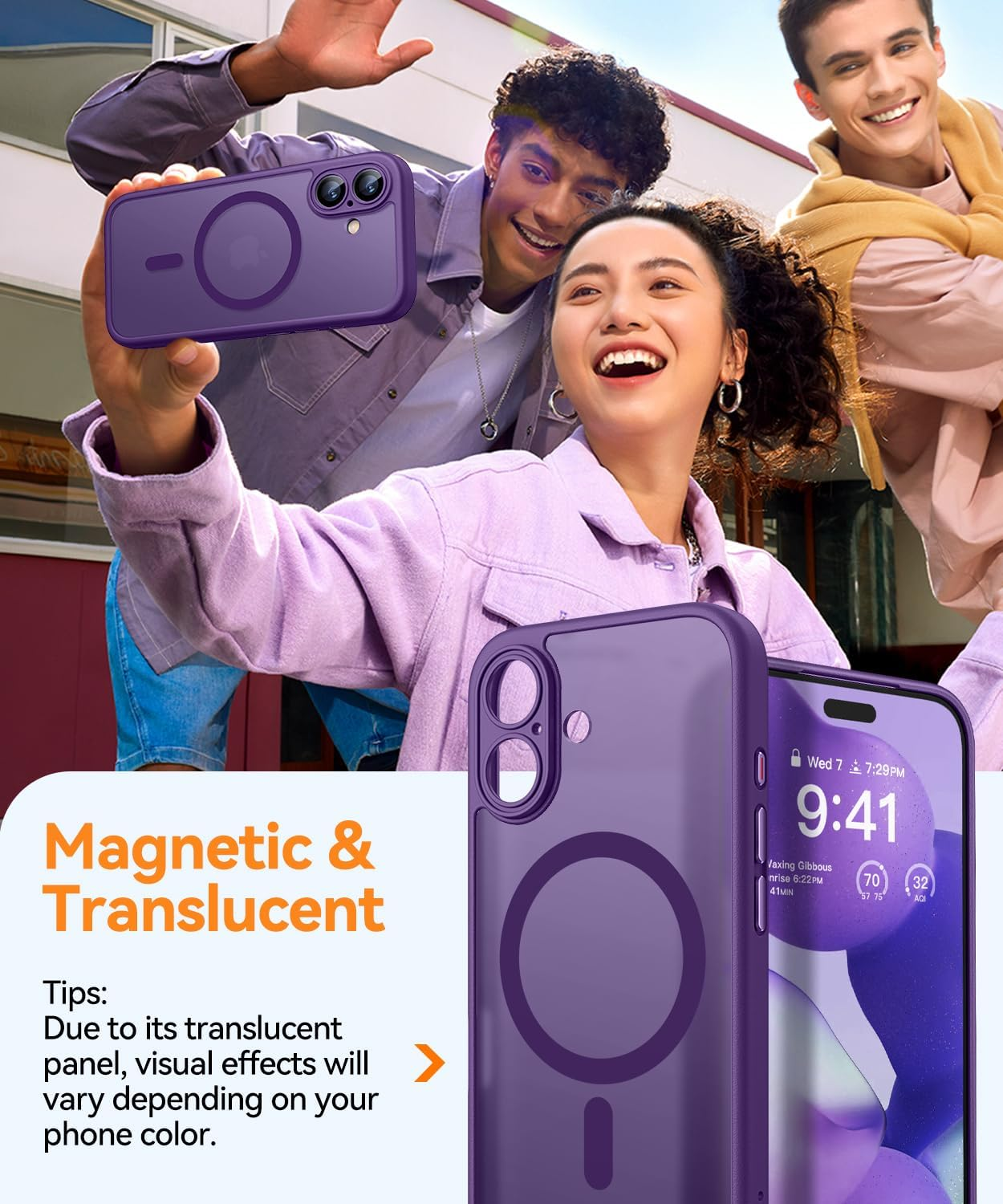 Drei junge Leute machen ein Selfie mit einer lila Handyhülle. Die Hülle ist durchsichtig und zeigt das Telefon.