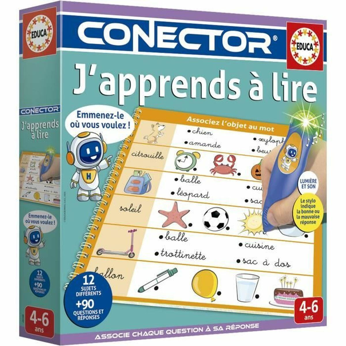 Una scatola di gioco educativa colorata con testo e immagini di oggetti. Una penna blu indica parole e immagini.