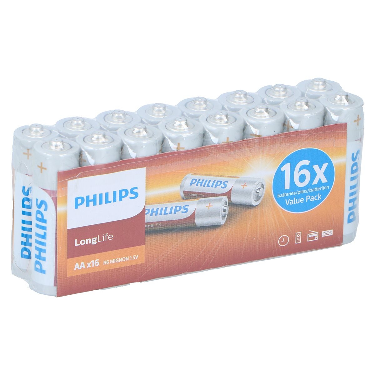 Eine Philips-Batteriepackung mit 16 AA-Batterien. Die Packung ist versiegelt und trägt das Philips-Logo sowie die Aufschrift 'LongLife'.
