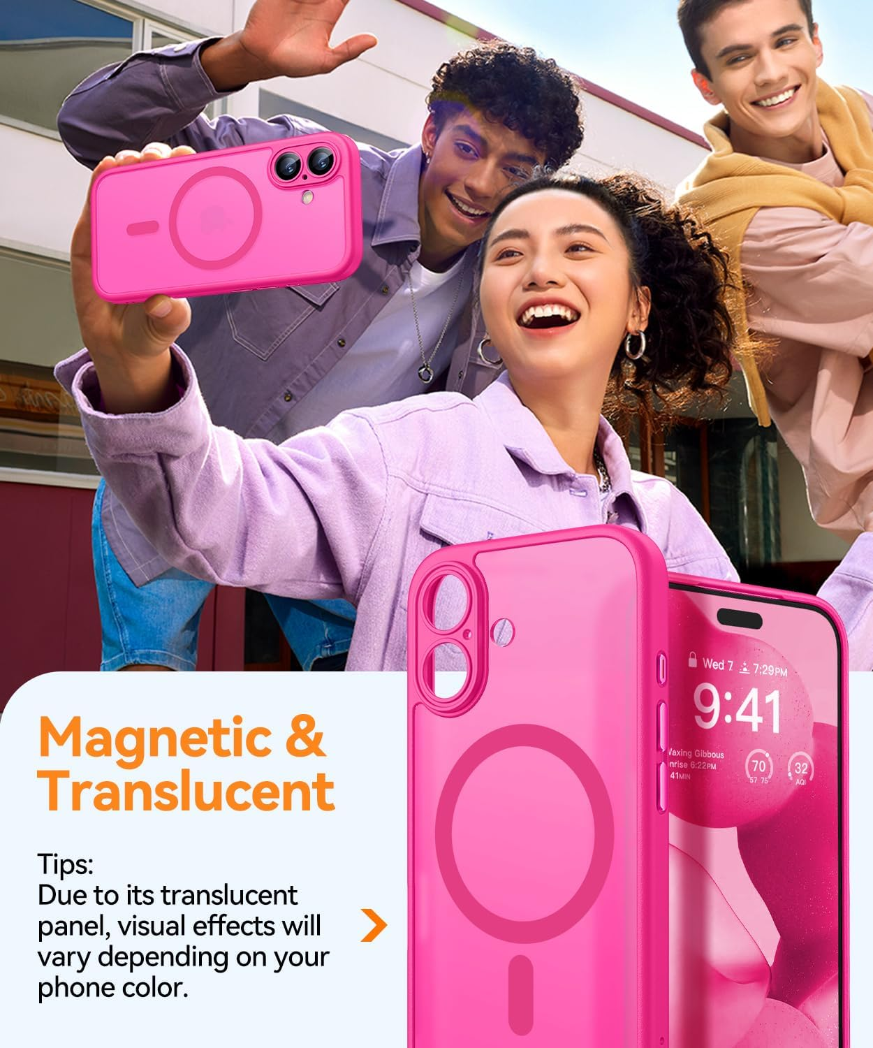Drei lächelnde Personen mit Handyhüllen. Eine Person hält eine pinke Hülle. Ein Telefon zeigt die Uhrzeit. Text: Magnetisch & Transparent.