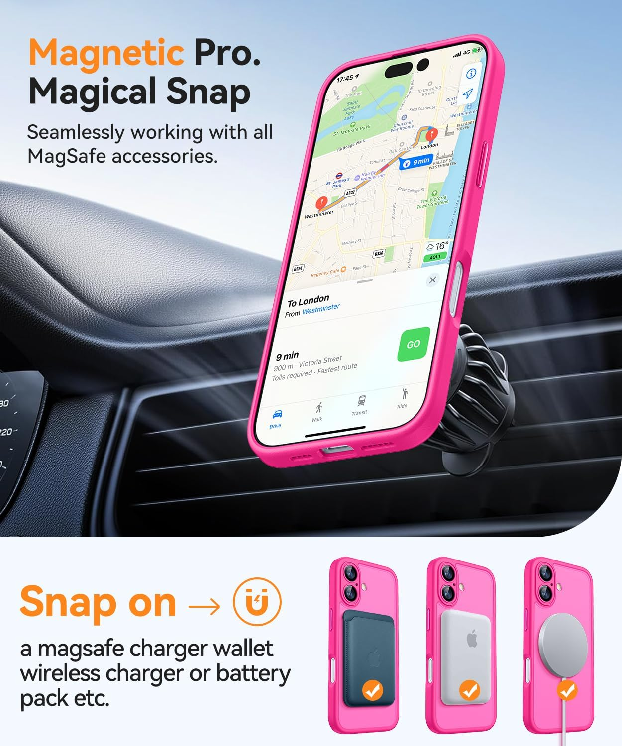 Ein pinkfarbenes Telefon mit Karte ist in einem Auto montiert. Unten sind drei Telefonhüllen mit MagSafe-Zubehör.