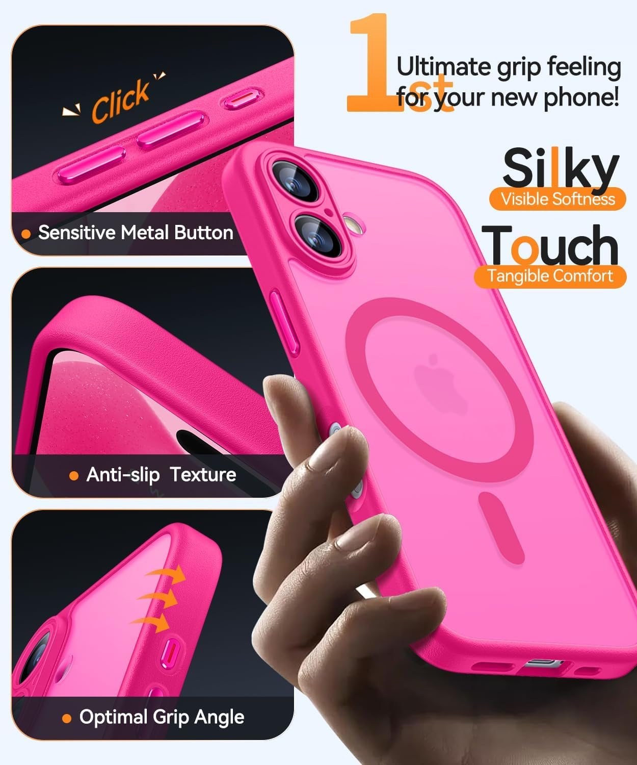 Eine pinkfarbene Handyhülle wird von einer Hand gehalten. Sie hat Textetiketten: Click, Sensitive Metal Button, Anti-Rutsch-Textur und Optimaler Griffwinkel.