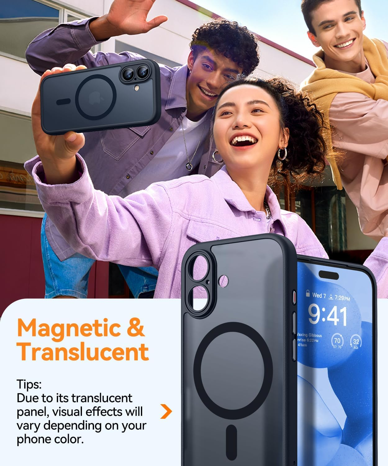 Drei lächelnde Personen mit Handyhüllen. Einer hält eine Hülle mit Telefon. Text: Magnetisch & Transparent. Telefonbildschirm sichtbar.