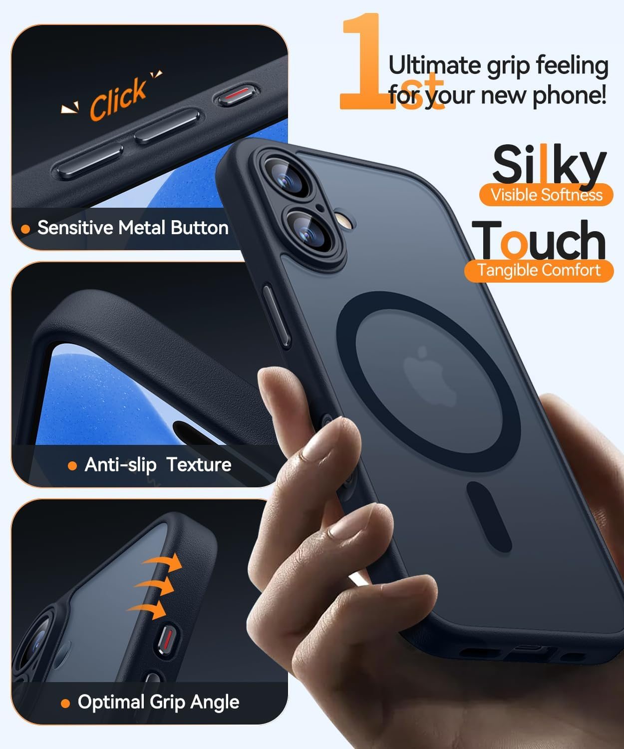 Eine Hand hält eine Handyhülle. Die Hülle ist dunkelblau und hat Etiketten, die Funktionen wie 'Klick' und 'Optimaler Griffwinkel' hervorheben.
