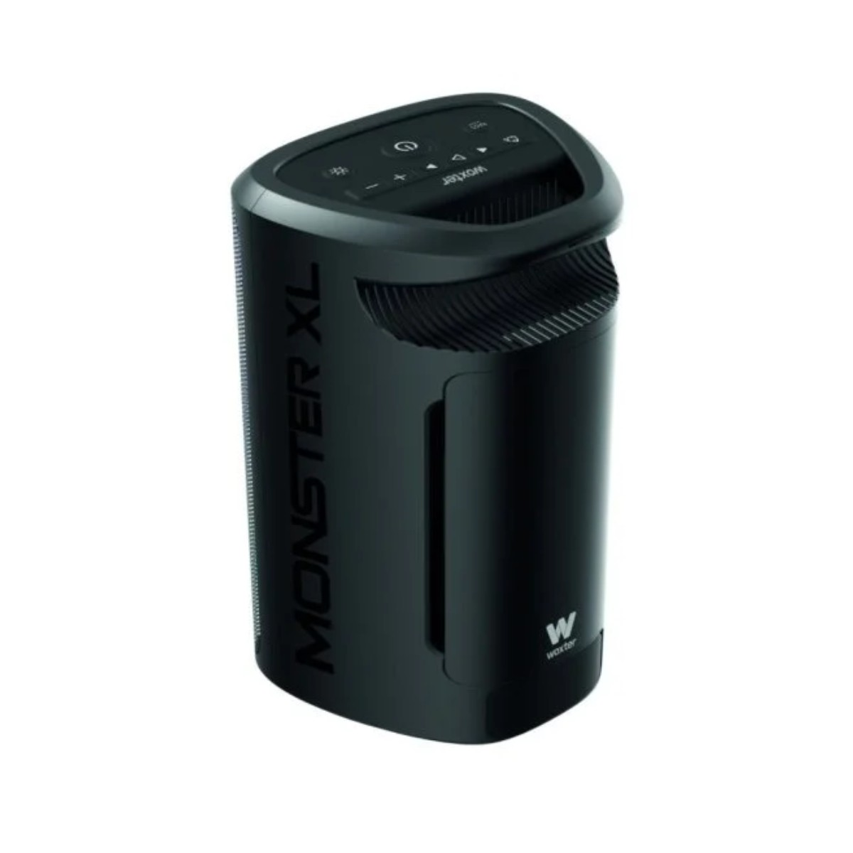 Un altavoz negro Woxter Monster XL. Tiene botones de control en la parte superior y el nombre de la marca en el lateral.