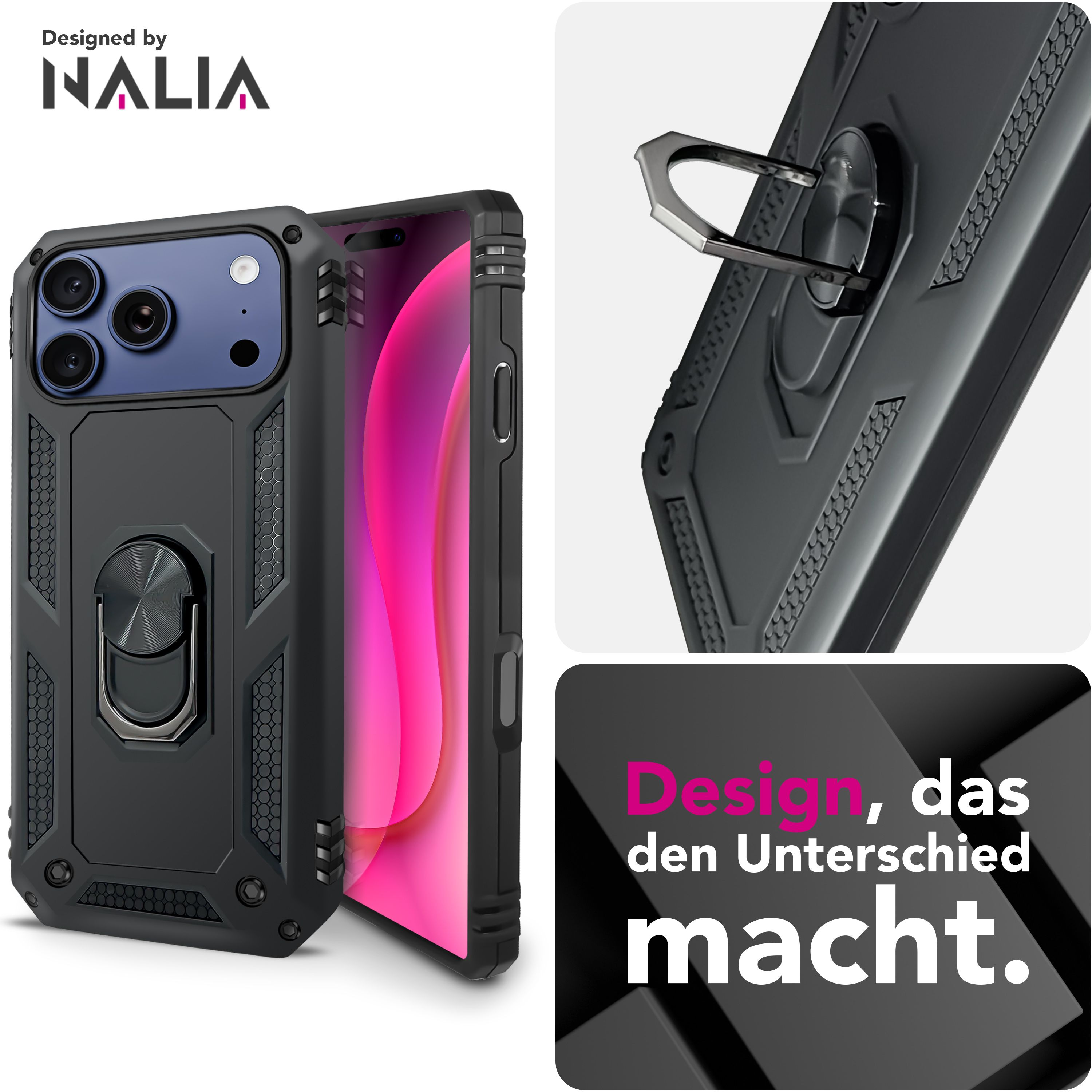 Eine schwarze Handyhülle mit Ringhalterung und ein Telefon mit pinkfarbenem Bildschirm. Die Hülle trägt den Markennamen 'NALIA'.