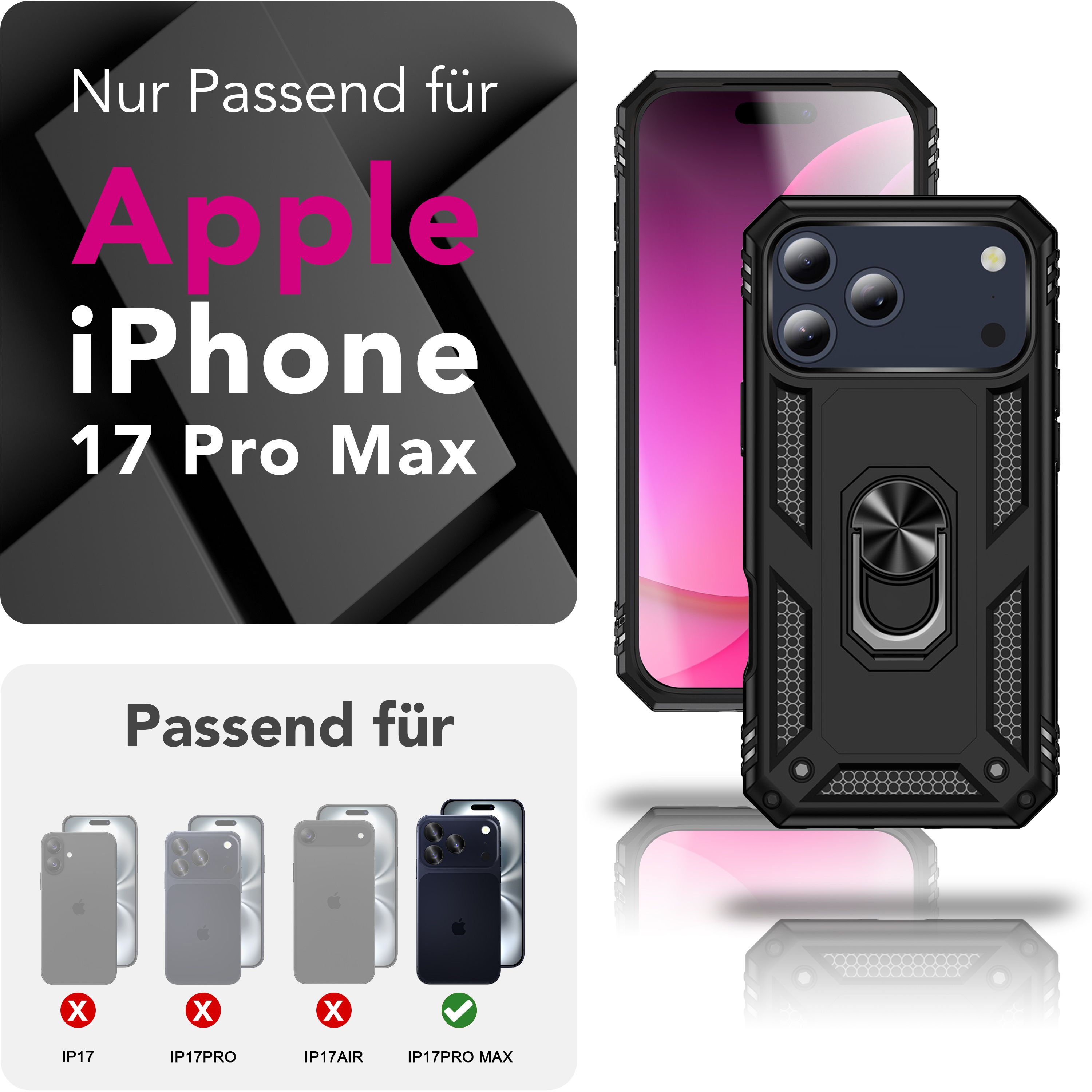 Das Bild zeigt eine iPhone 17 Pro Max Hülle. Text auf Deutsch weist auf Kompatibilität hin. Eine Handyhülle wird gezeigt.