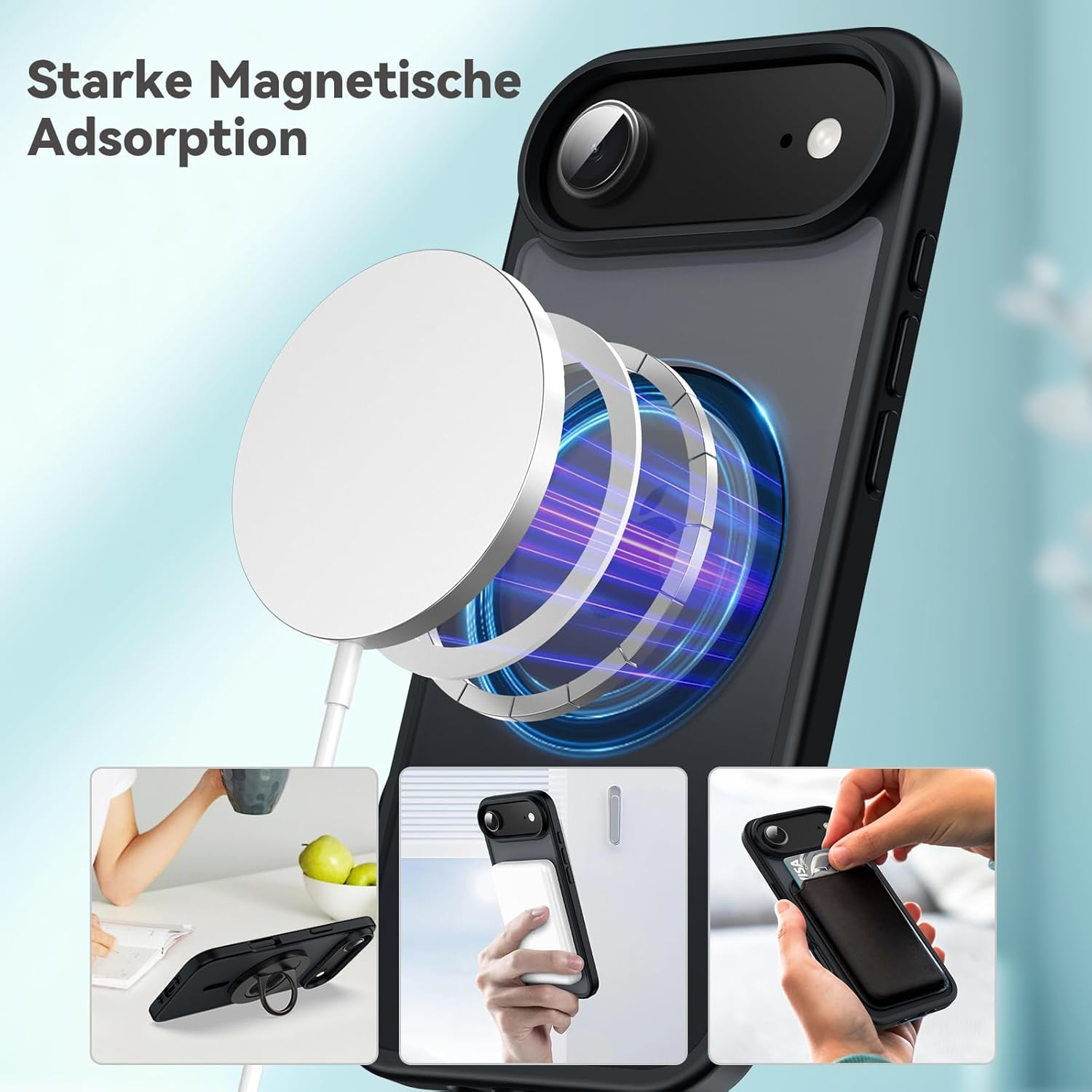 Eine Handyhülle mit angeschlossenem Magnetlader. Es gibt kleine Bilder, die verschiedene Anwendungen zeigen. Text sagt 'Starke Magnetische Adsorption'.